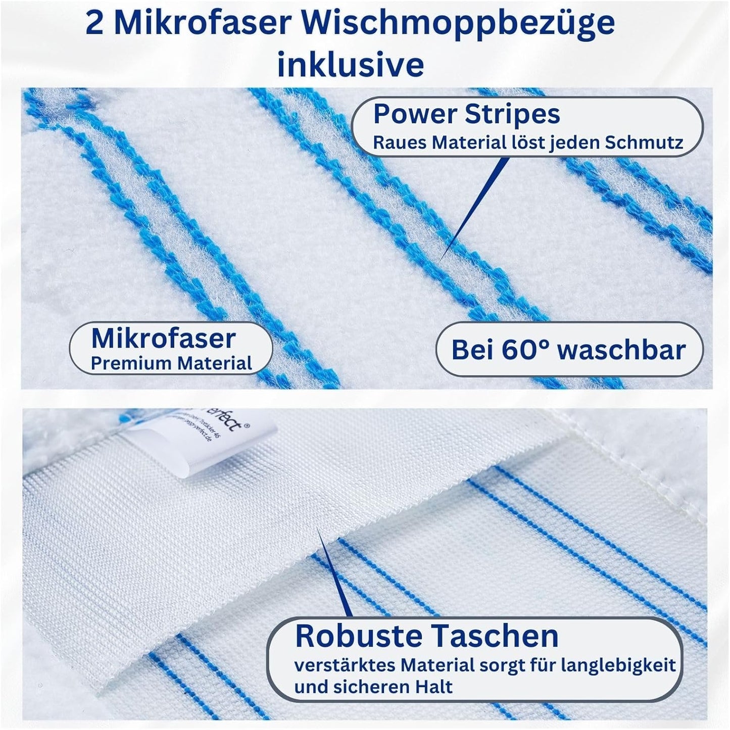 Wischmopp mit Mikrofaserbezügen und Teleskopstiel, Bodenwischer mit 2 Bezügen und Teleskopstiel