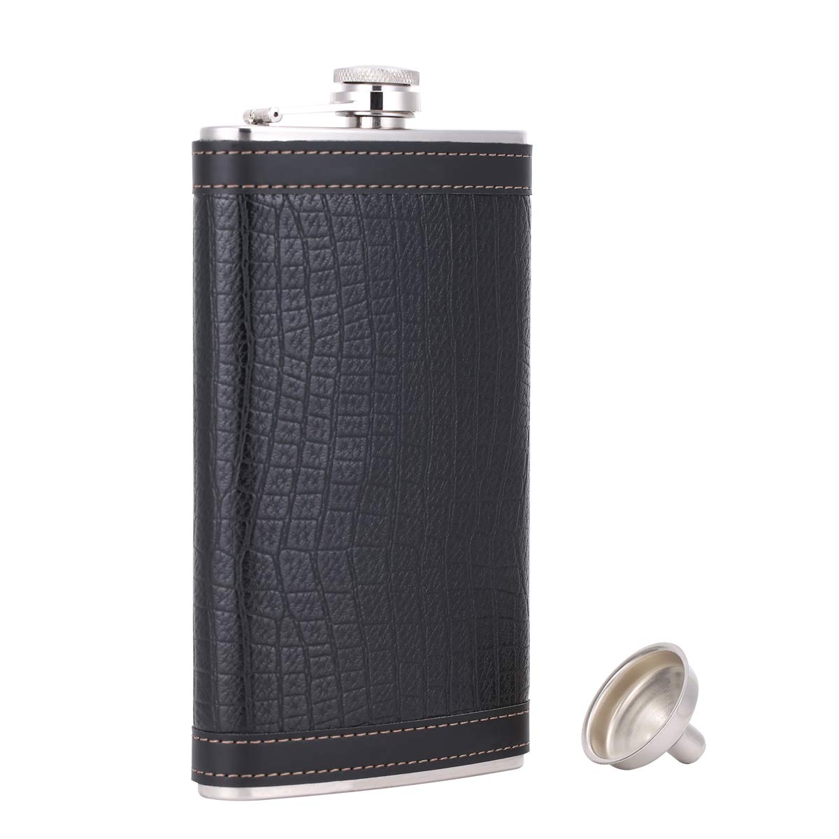 Flachmann mit Lederhülle und Trichter, 12 oz Schwarz