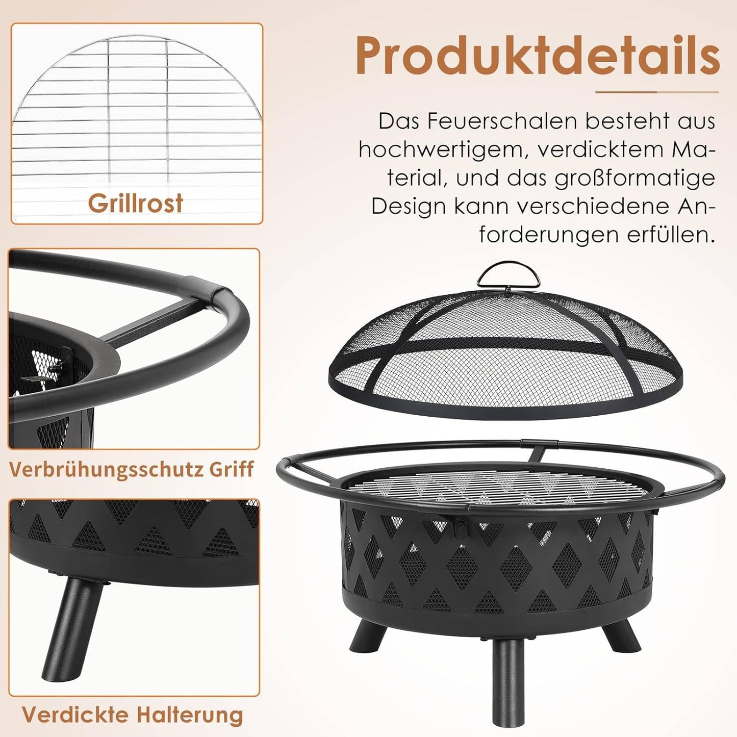 Feuerschale mit Funkenschutz & Grillrost, Ø 80cm