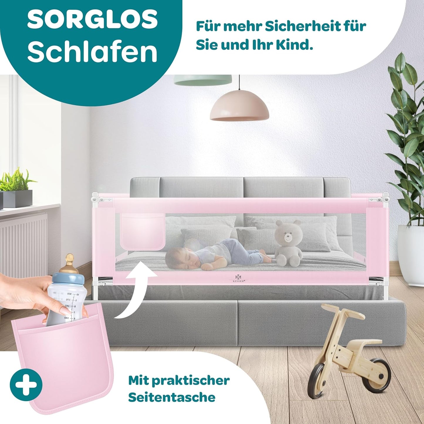 Höhenverstellbares Bettschutzgitter, Rosa 150cm