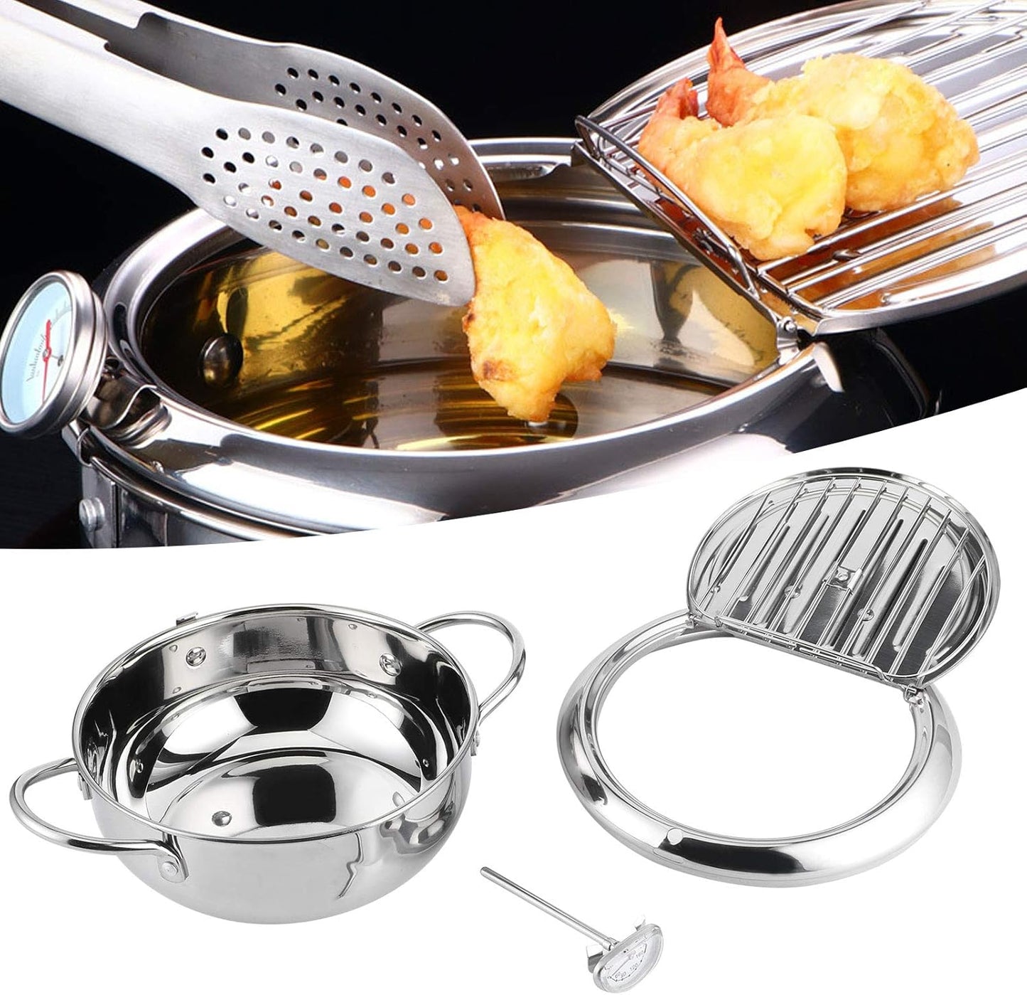 Tempura-Fritteuse mit Brattopfdeckel, Ölfilter und Thermometer, Small 20cm