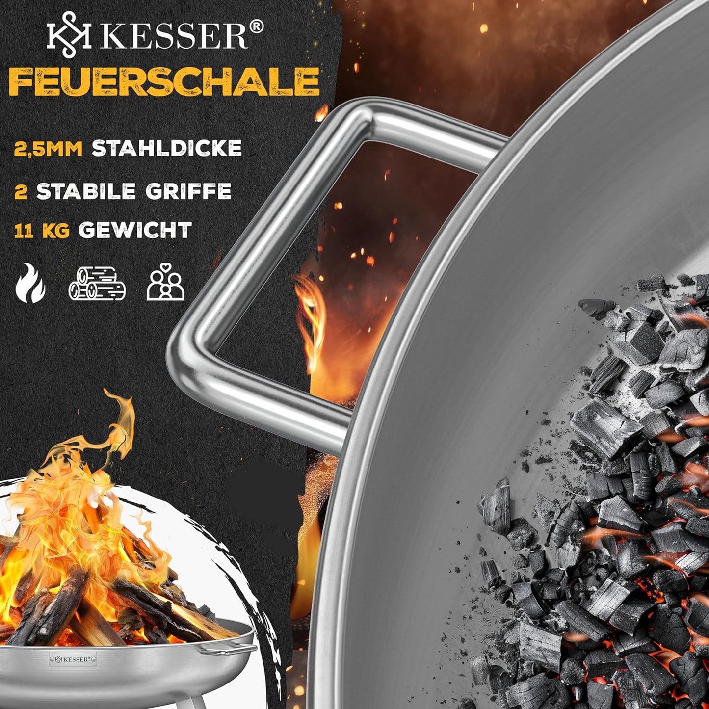Feuerschale mit Feuerhaken und Wasserablauf, Ø 80 cm edelstahl