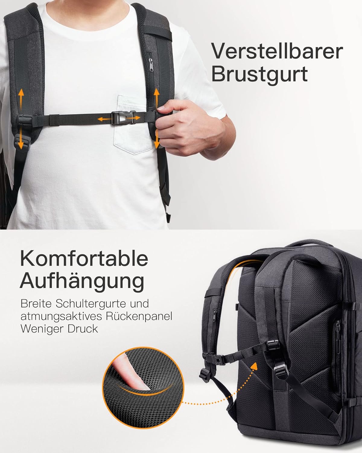 Erweiterbarer Reiserucksack für Handgepäck, Schwarz 46.2 L