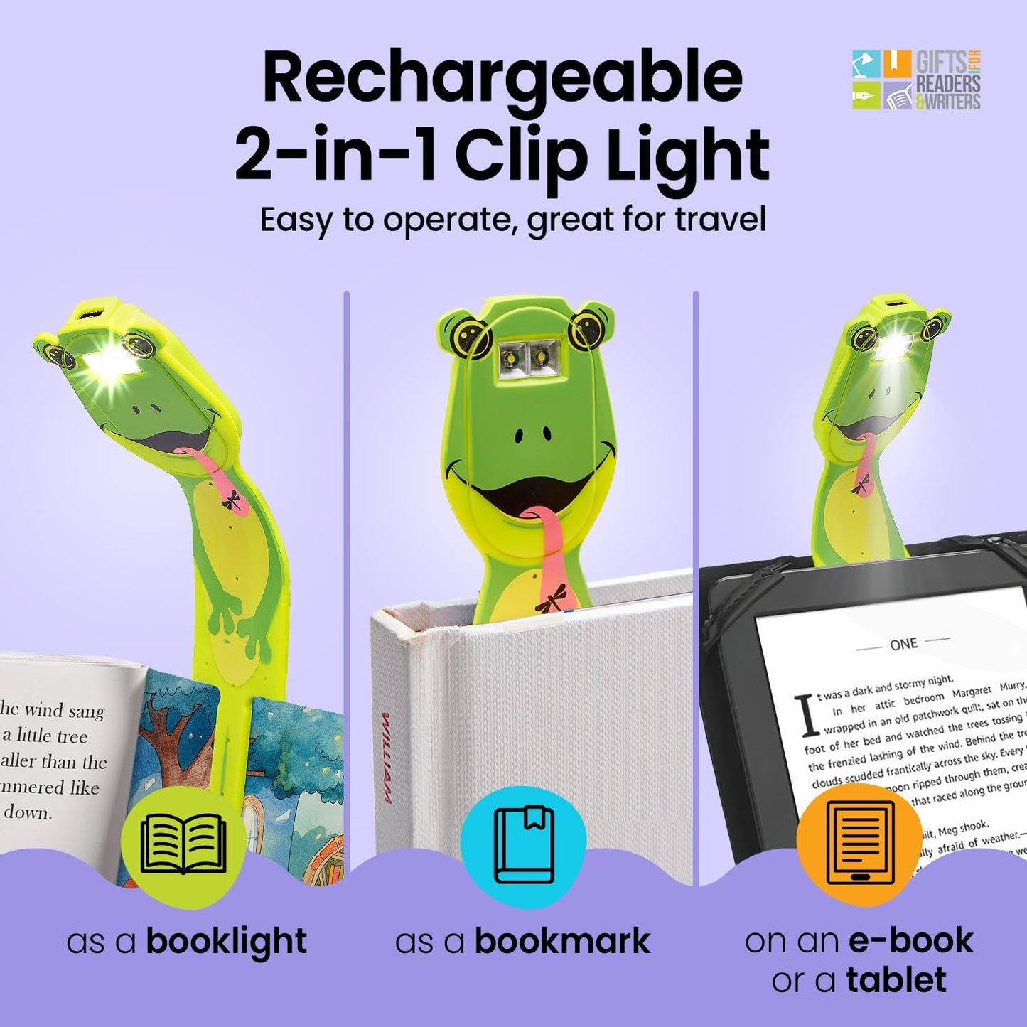 Flexilight 2-in-1 Clip On Leselampe & Lesezeichen, wiederaufladbar, Frosch