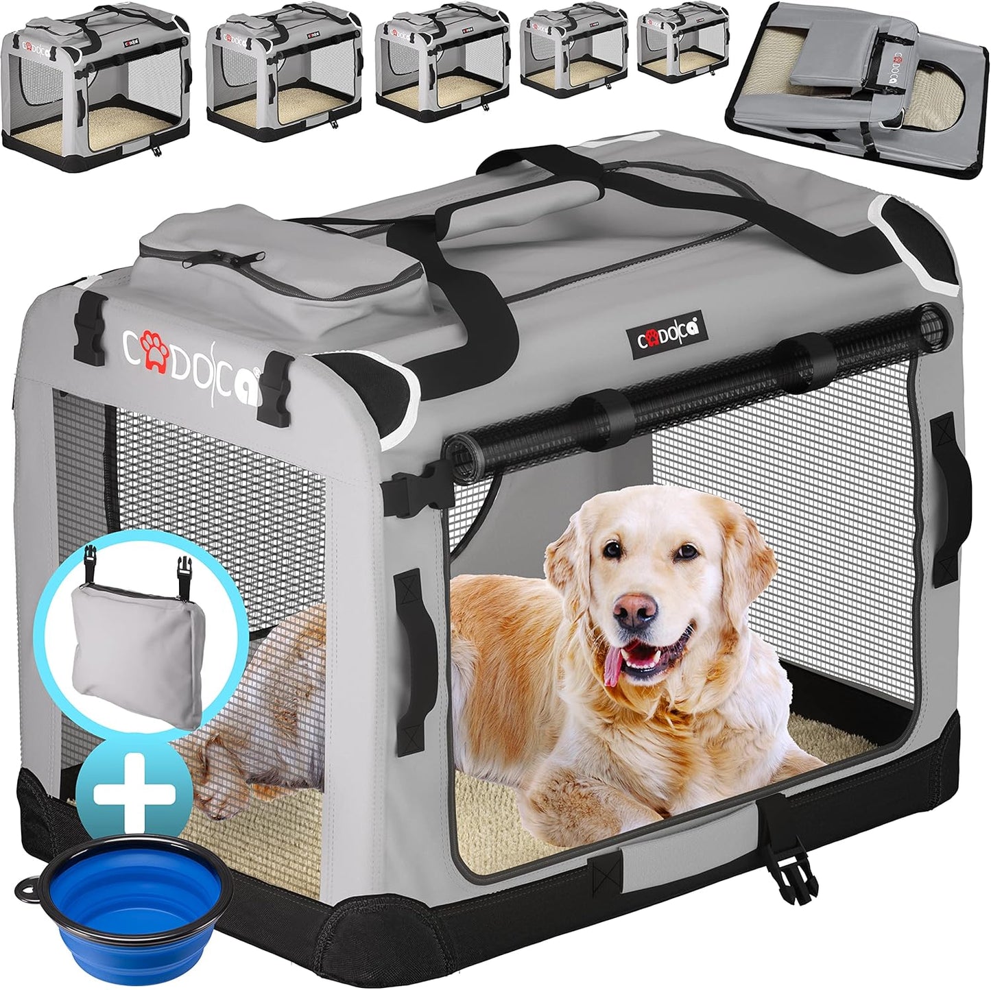 Faltbare Hundetransportbox XXXL mit Tragegriff, extra Tasche und Autogurtlasche, L 101 x B 70 x H 70 cm Grau