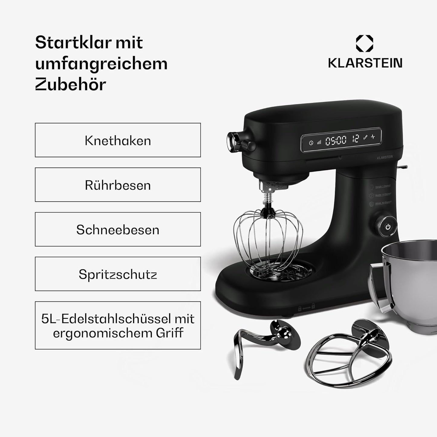 Küchenmaschine mit LCD-Touch & 5L Schüssel, Schwarz Chiara Küchenmaschine