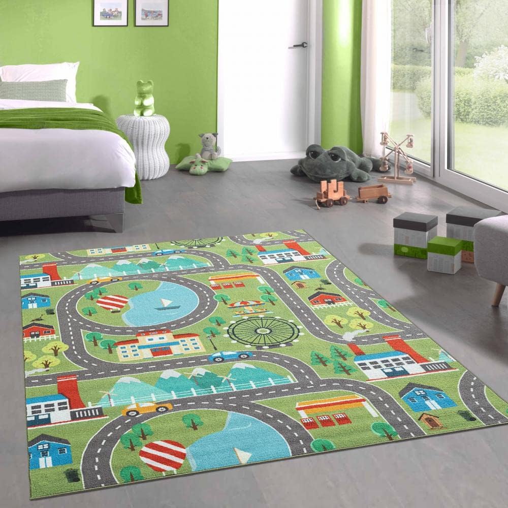 Kinder Spielmatte mit Stadtmotiv, Grün, Türkis, Rot, Grau 100 x 200 cm (Rechteckig)