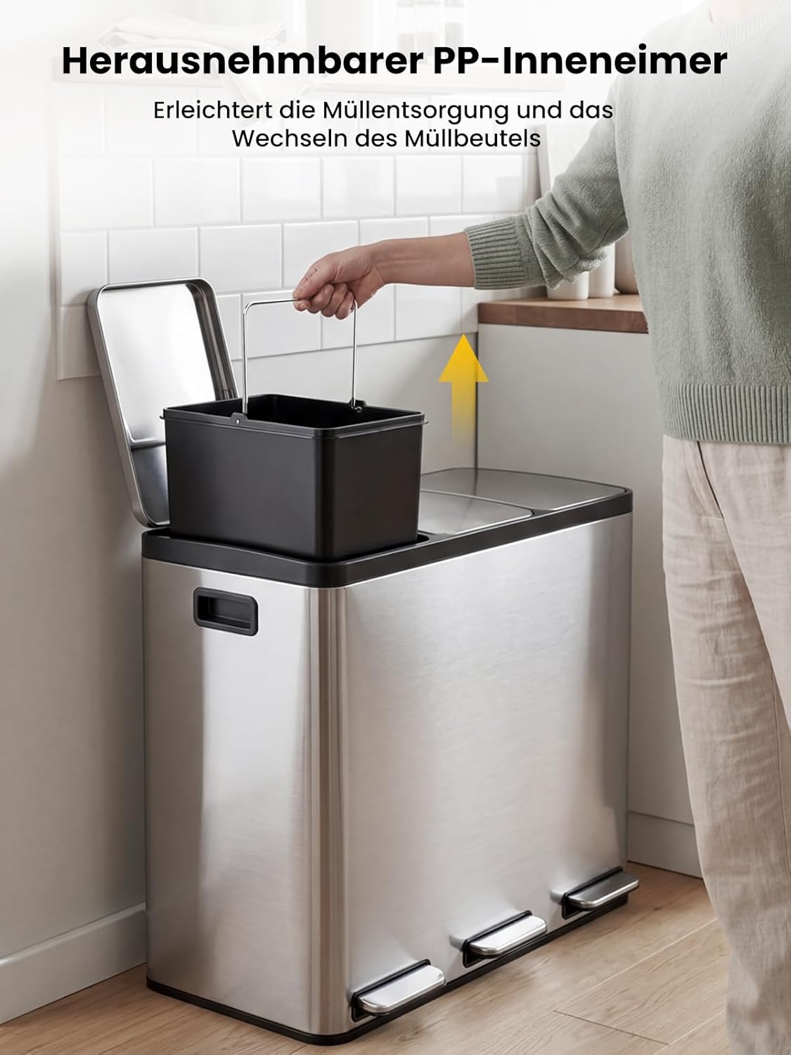 3-teiliger Treteimer mit Soft Close Deckel, Silber 54L