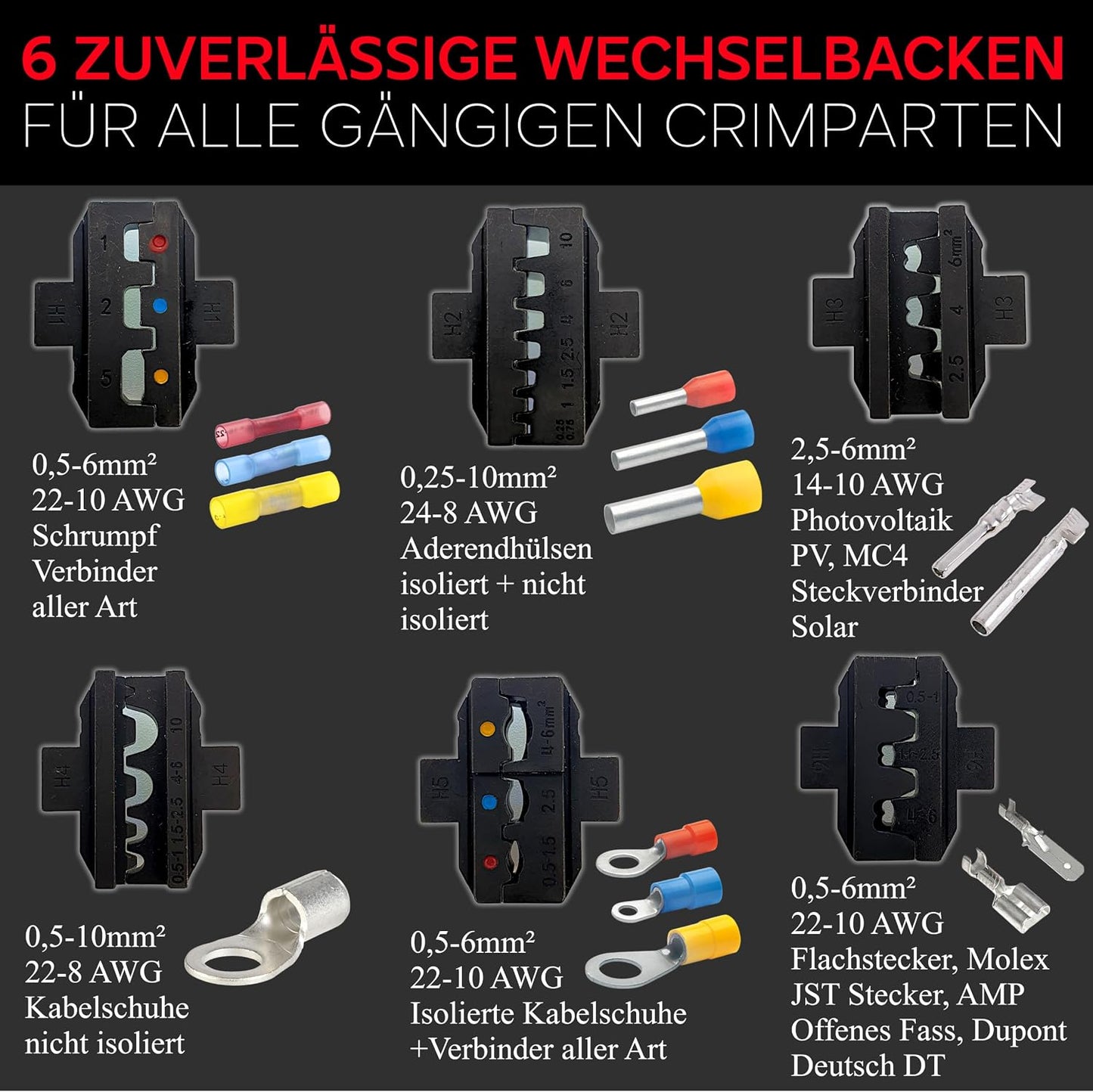 Crimpzangenset mit Abisolierzange und 6 Wechselbacken