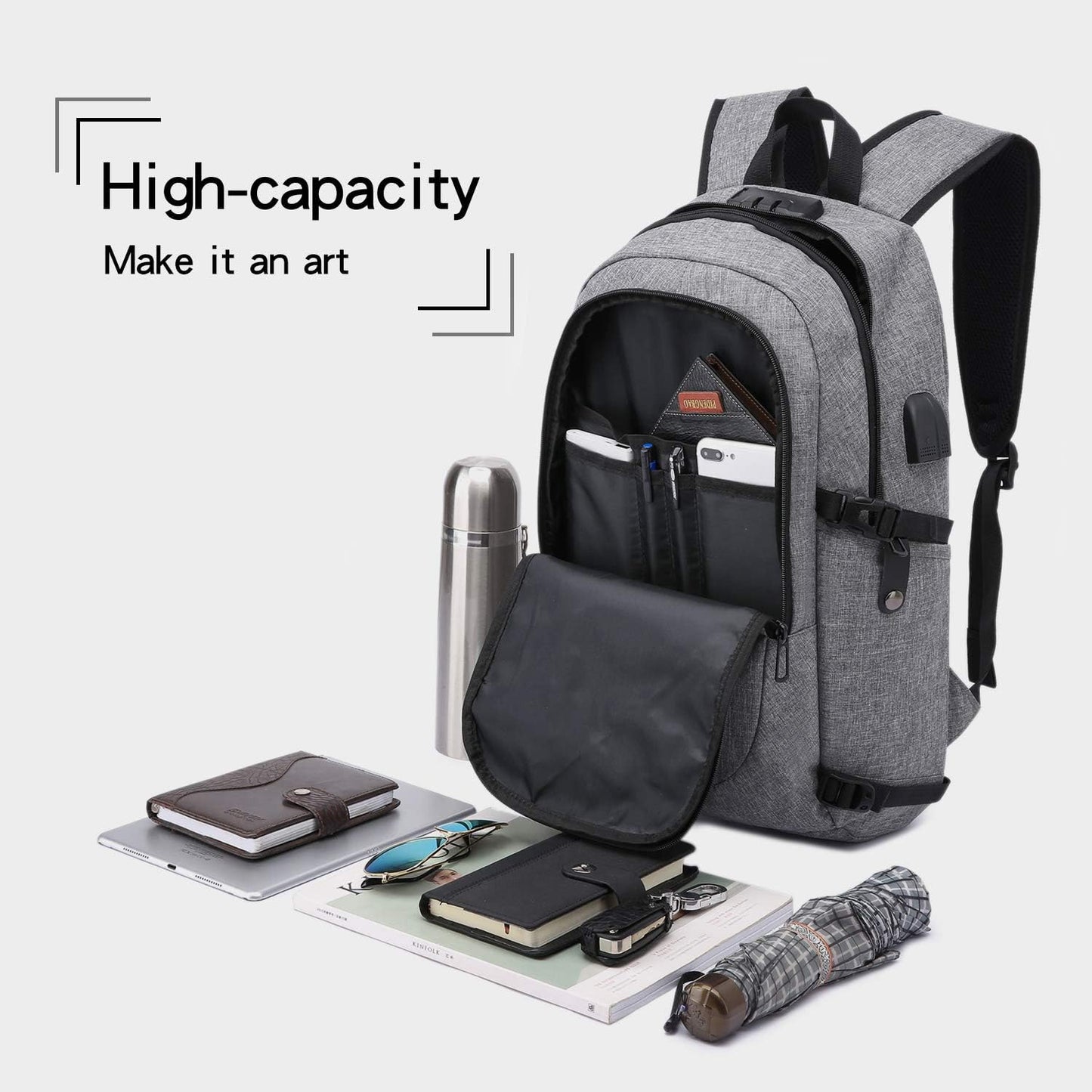 Laptop-Rucksack mit USB-Anschluss, Anti-Diebstahl-Schutz, 15,6 Zoll Grau