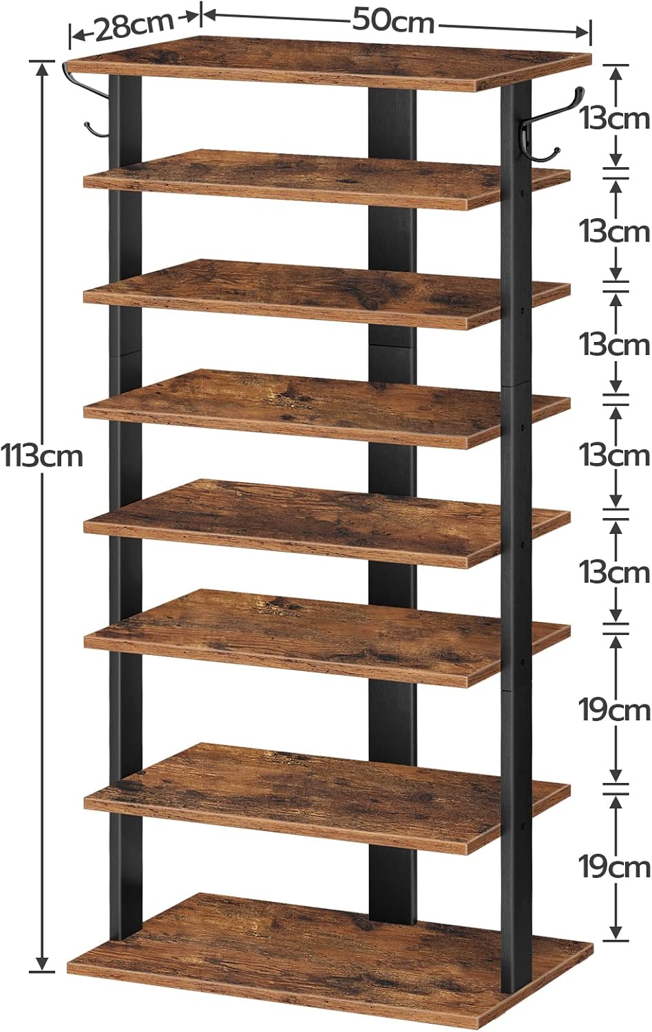8-lagiges Schuhregal mit Haken, EBF750XJ01, 50 x 28 x 113 cm Dunkelbraun + Schwarz