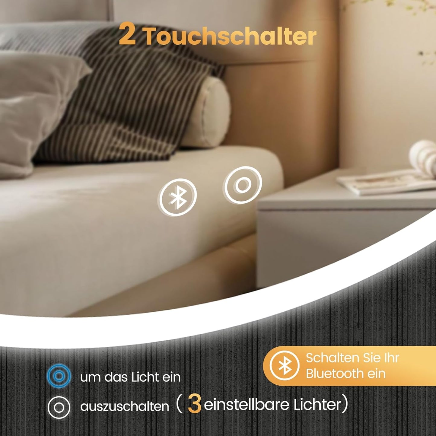 Runder LED-Badspiegel mit Bluetooth und Touchschalter, Bluetooth+ Beschlagfrei+ 3 Lichtfarbe+ Dimmbar 70L x 70B cm