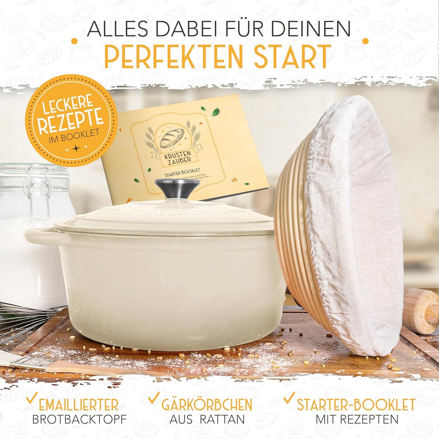 Brotbacktopf mit Gärkorb, Creme Topf