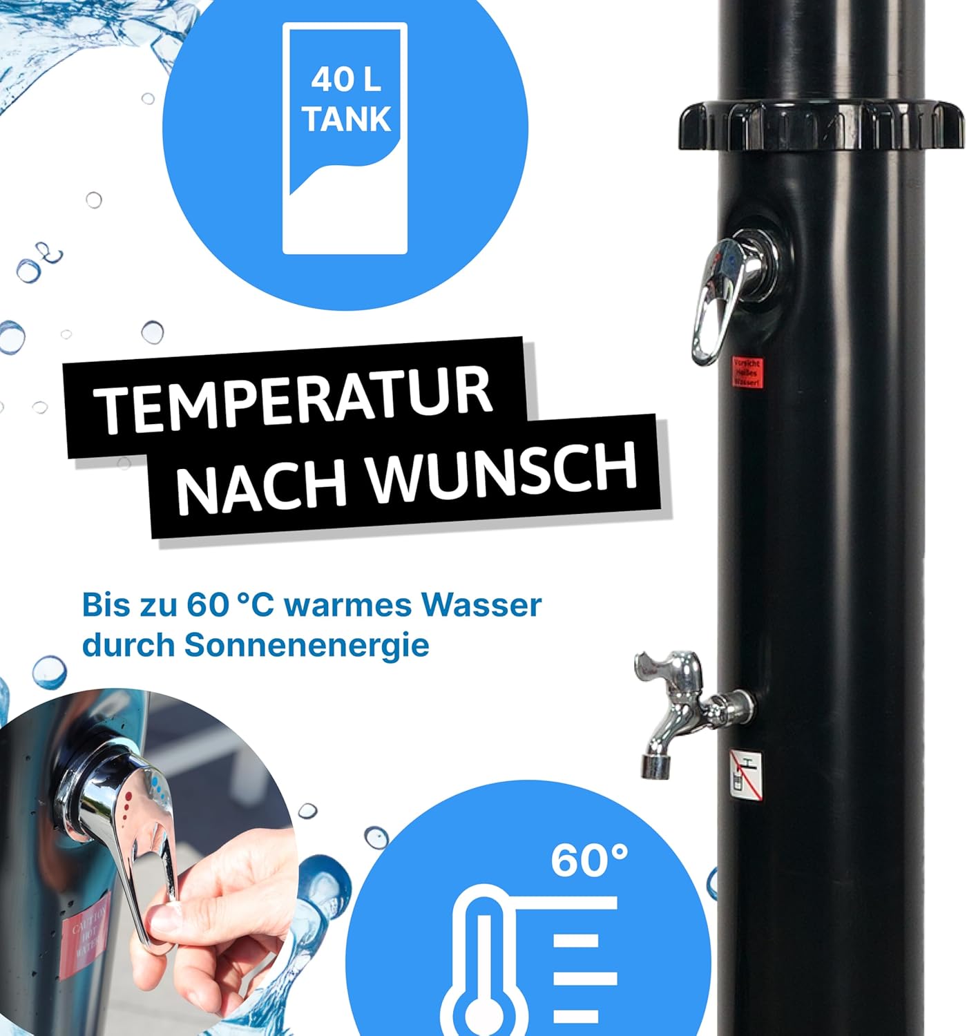 Solardusche mit Regenduschkopf & Fussdusche, 40L, schwarz