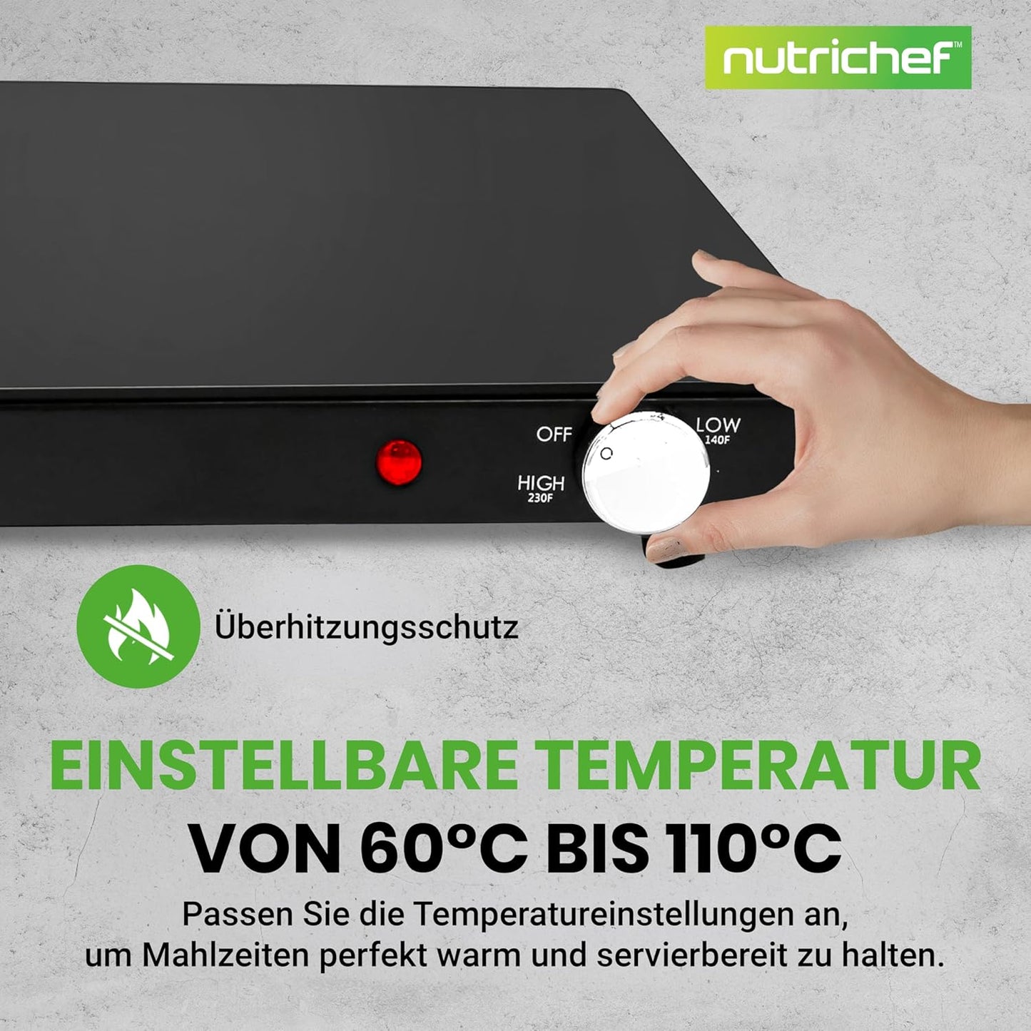Elektrische Warmhalteplatte mit Temperaturregelung, Einheitsgrösse Schwarz