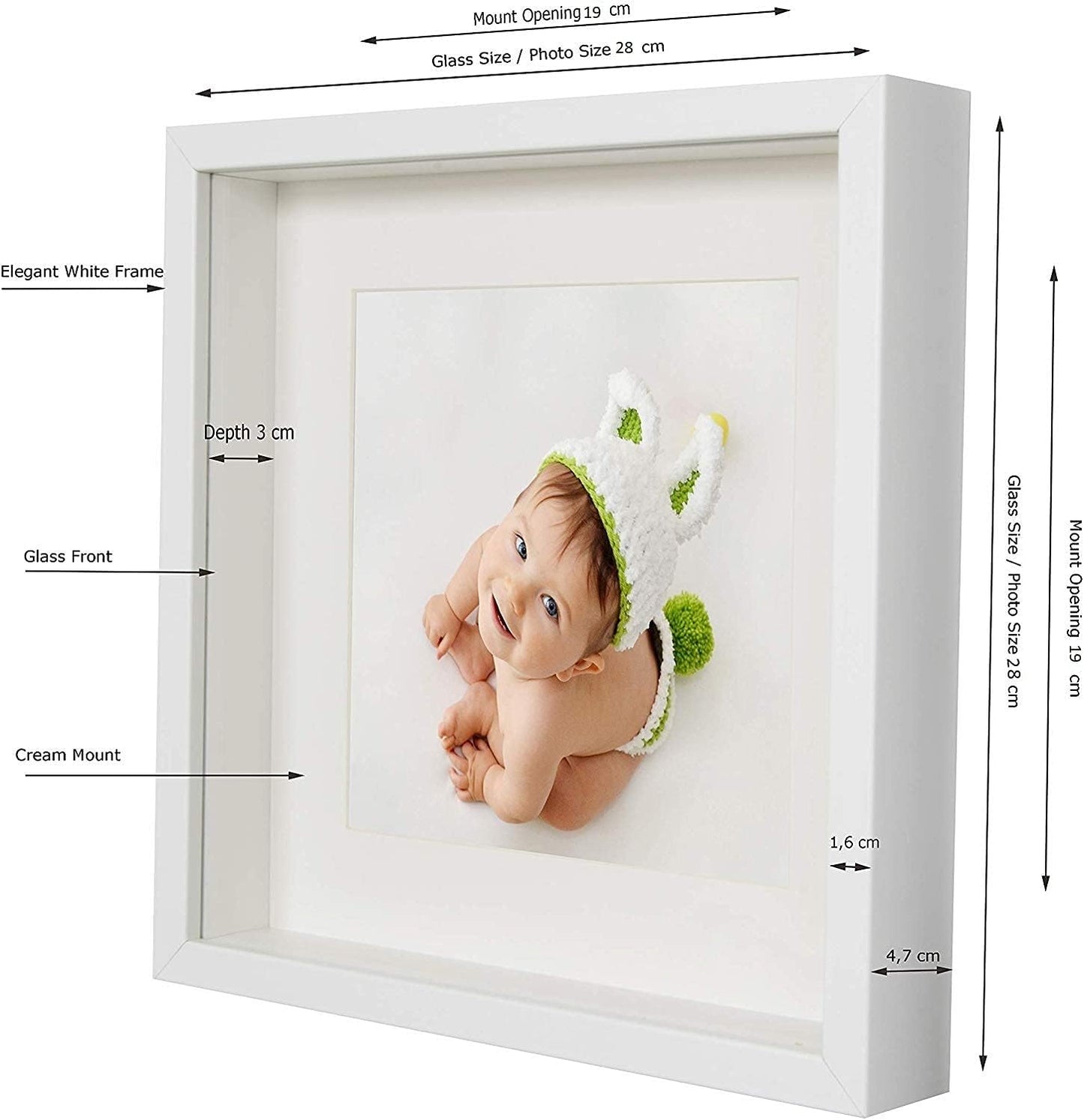 3D Objektrahmen mit Passepartout, 28x28 cm - 20x20 cm Weiss