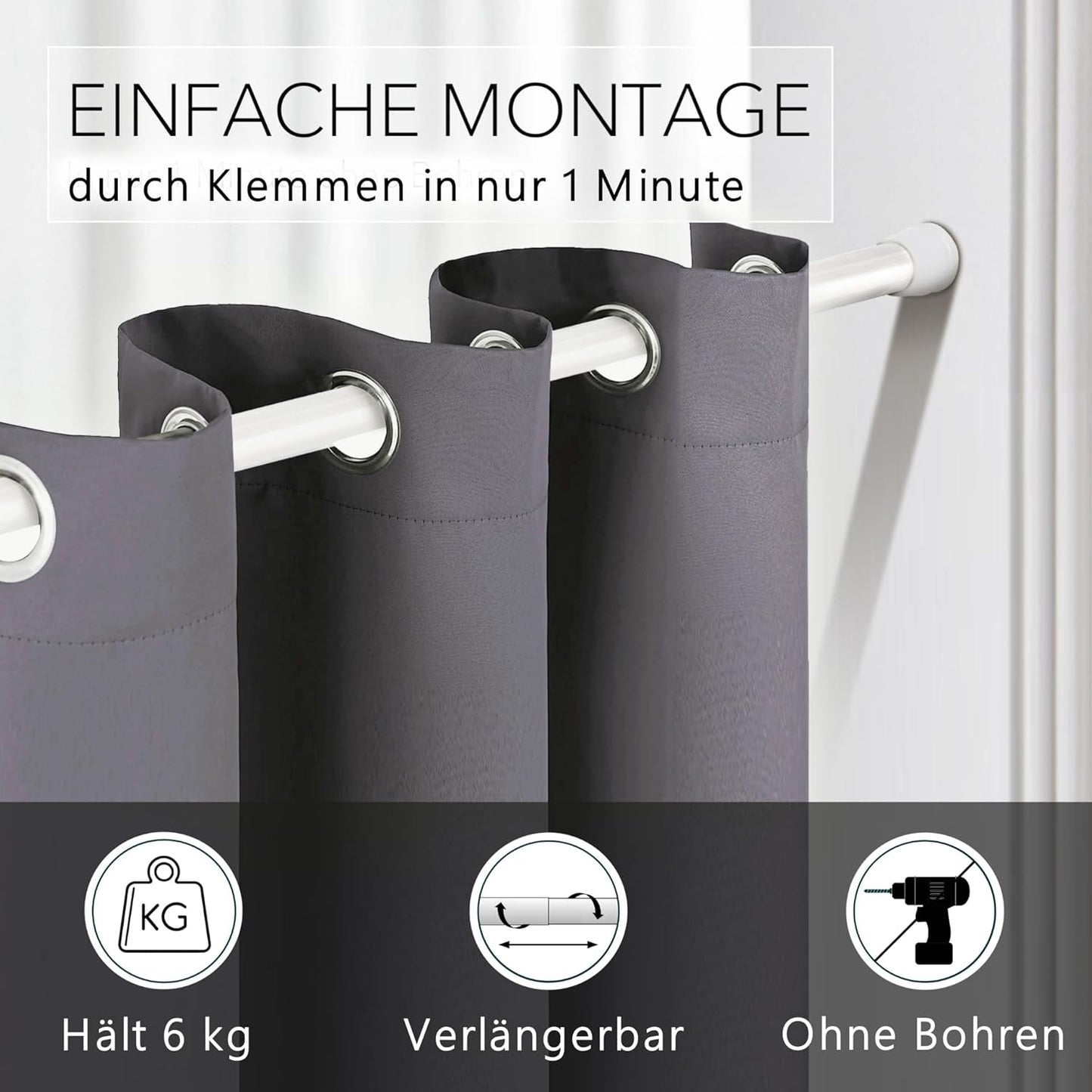 Thermo Türvorhang mit Teleskopstange, bohrfreie Montage, H200 x B150 cm (1er Pack) Vorhang Grau + Stange Weiss 70-120 Cm