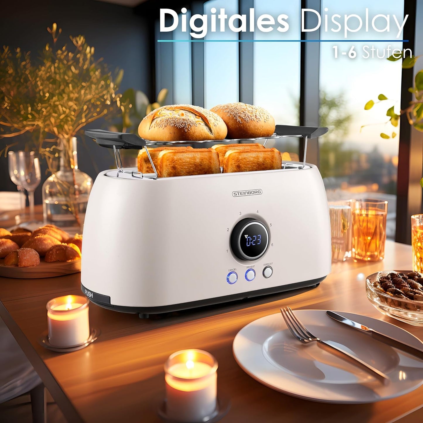 Toaster mit Brötchenaufsatz, 4 Scheiben, LED-Anzeige, Bulgur Beige