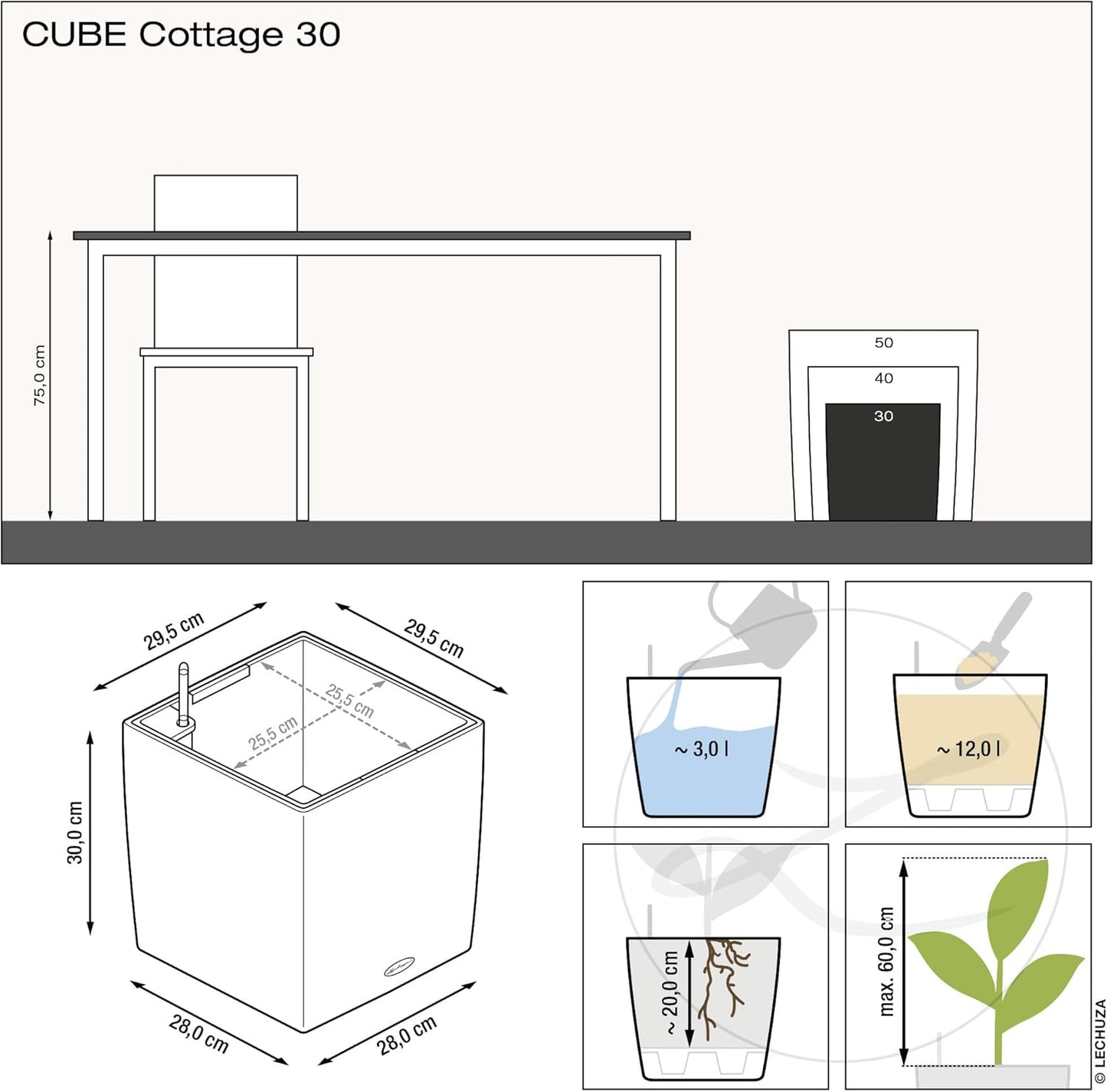 Cube Cottage 30, Pflanzgefäss mit Erd-Bewässerungs-System 29.5 x 29.5 x 30 cm Graphitschwarz