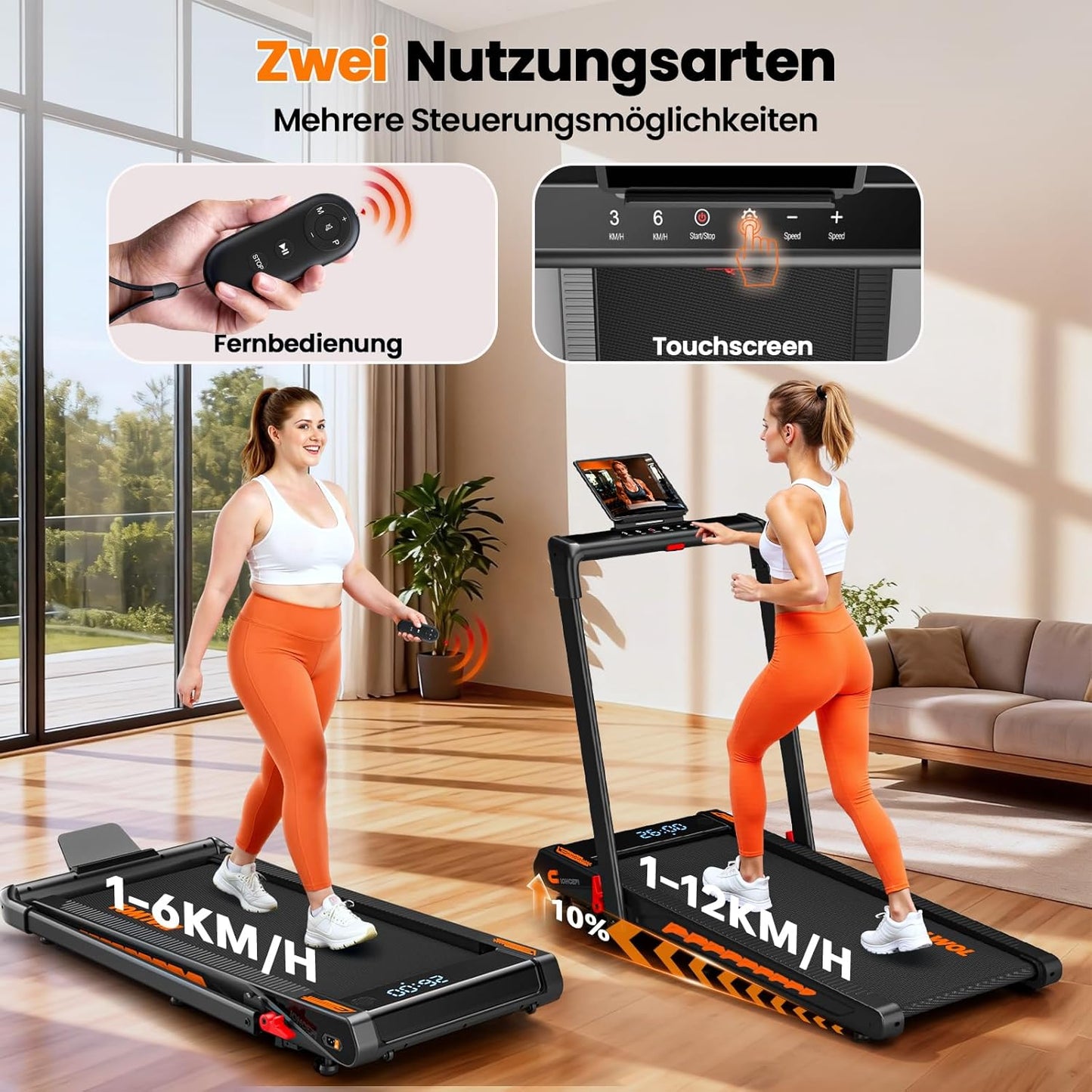 Bluetooth-Laufband mit Steigung & HIIT, Schwarz-orange