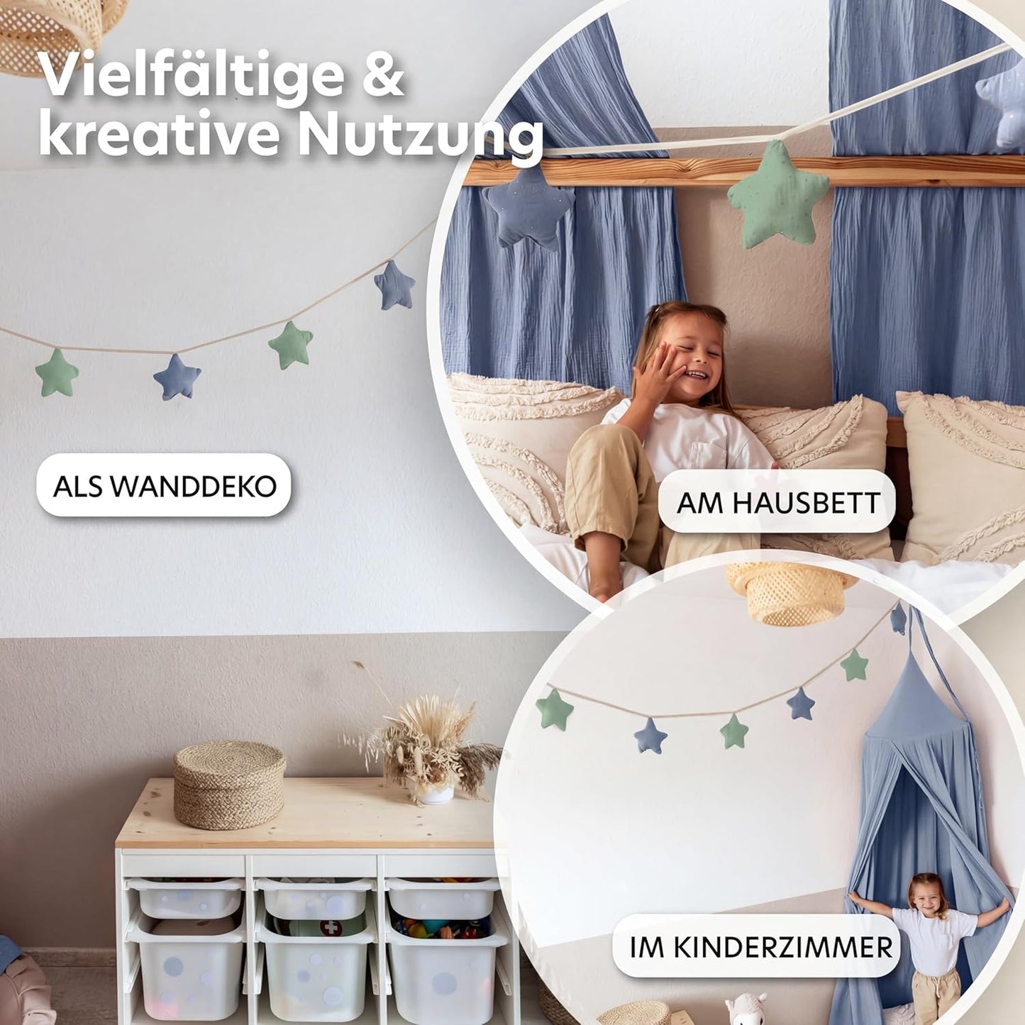 Sternenkette mit Goldapplikation, Blau & Eukalyptus Sterne mit Goldapplikation
