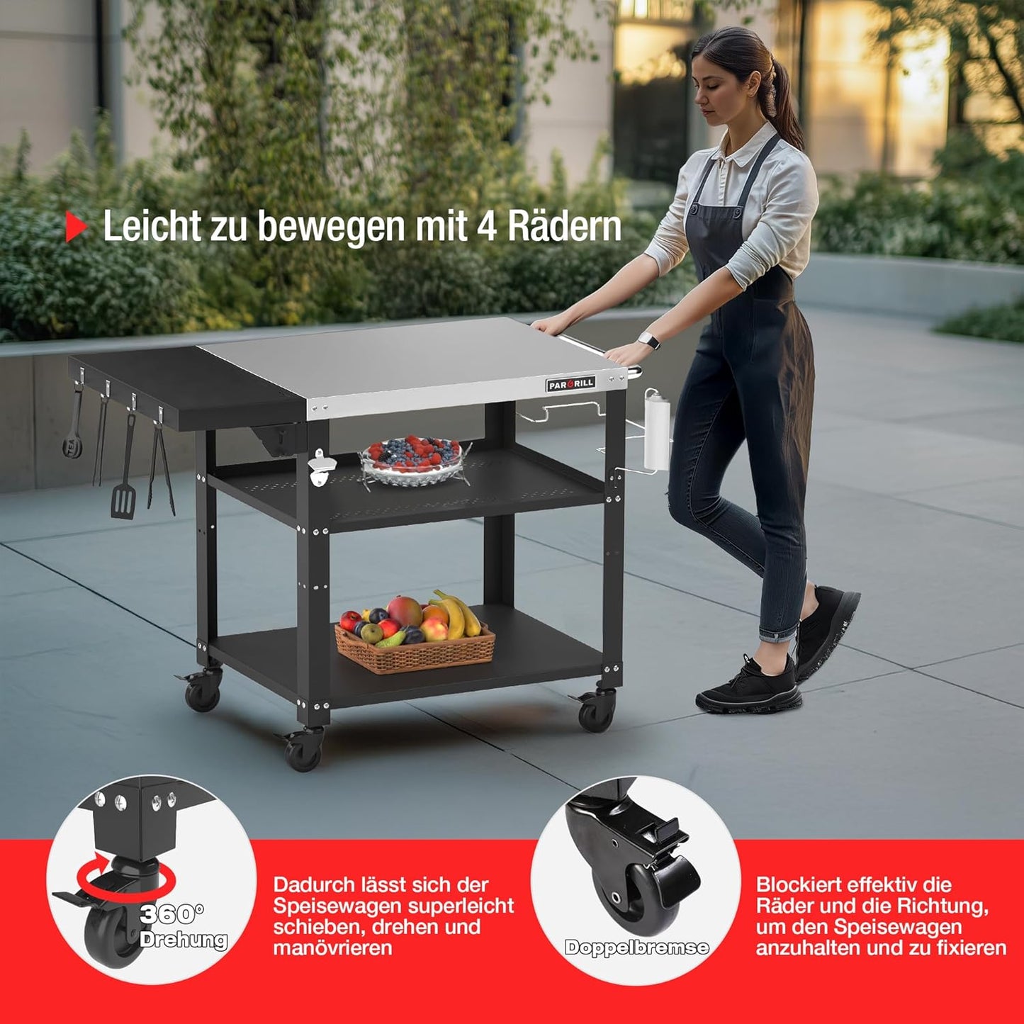 Grillwagen mit klappbarem Beistelltisch und Rollen