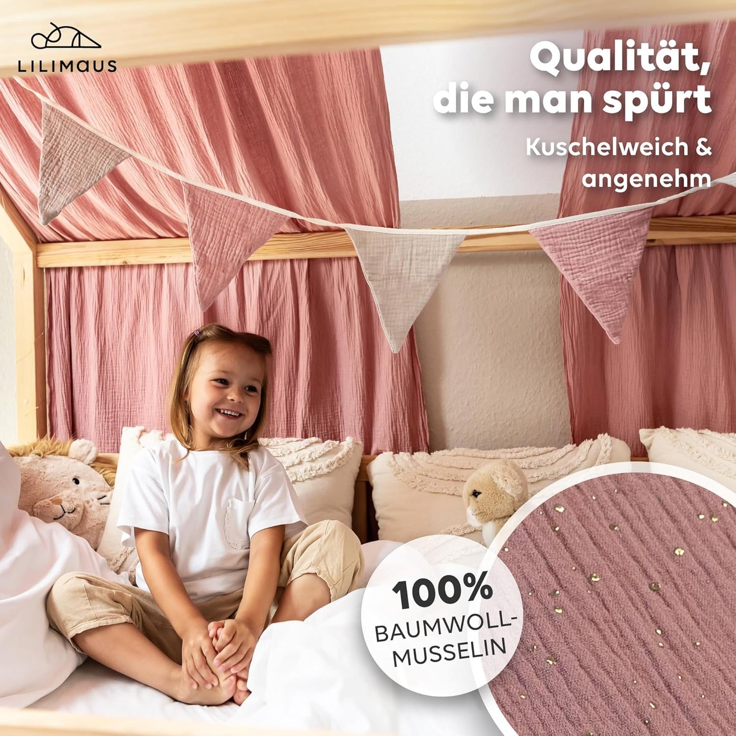 Stoffhimmel für Hausbett, Altrosa mit Gold 2er Set 67 x 320cm