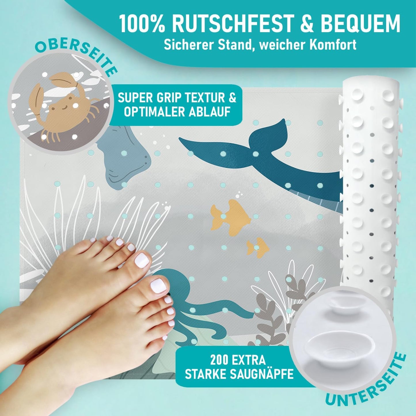 Rutschfeste Badewannenmatte, 100x40 cm, Badewannenmatte Wasserwelt Grau