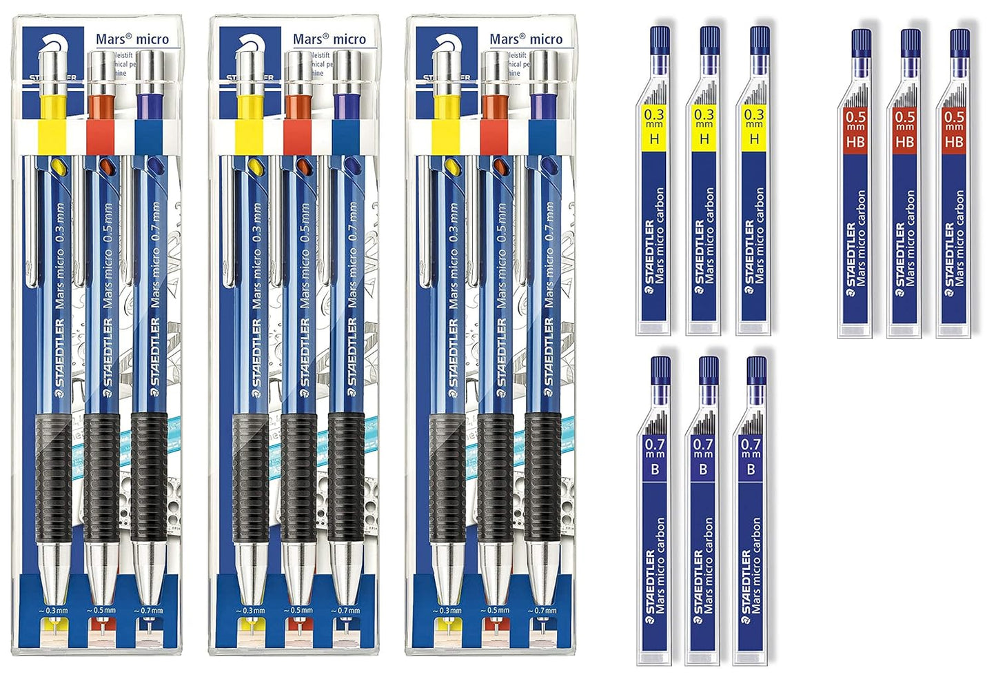 3er-Set Feinminenstift Marsmicro mit 03 H, 05 HB, 07 B Minen, inkl. Minen 03 H│05 HB│07B