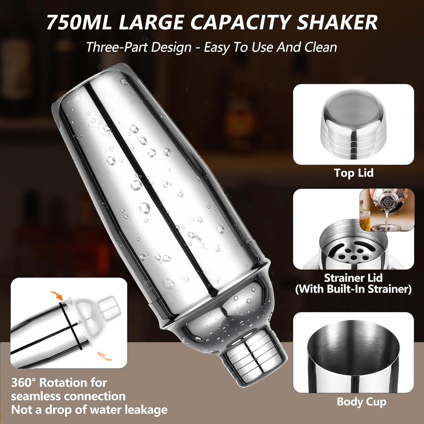 Cocktail Shaker Set mit Bambusständer (12-teilig), Silber-12 Stück