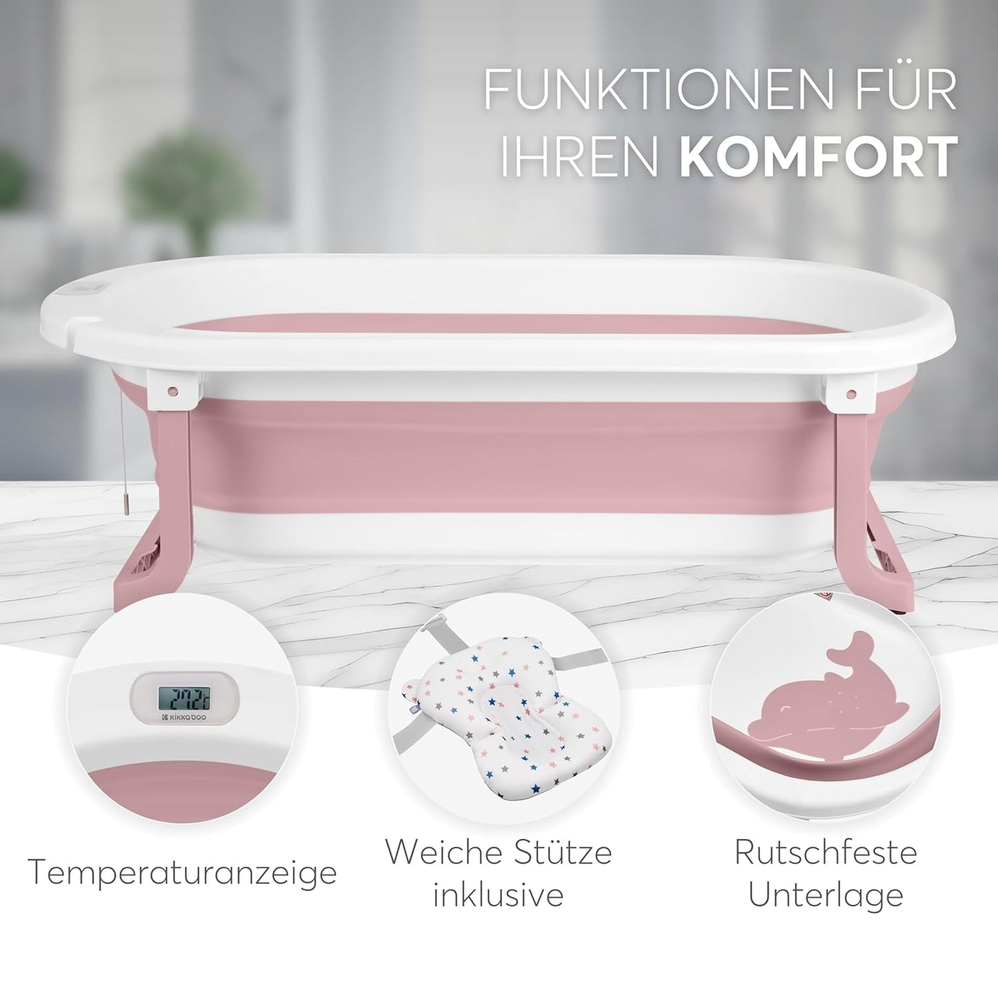Faltbare Babybadewanne Willy mit Temperaturanzeige, Rosa