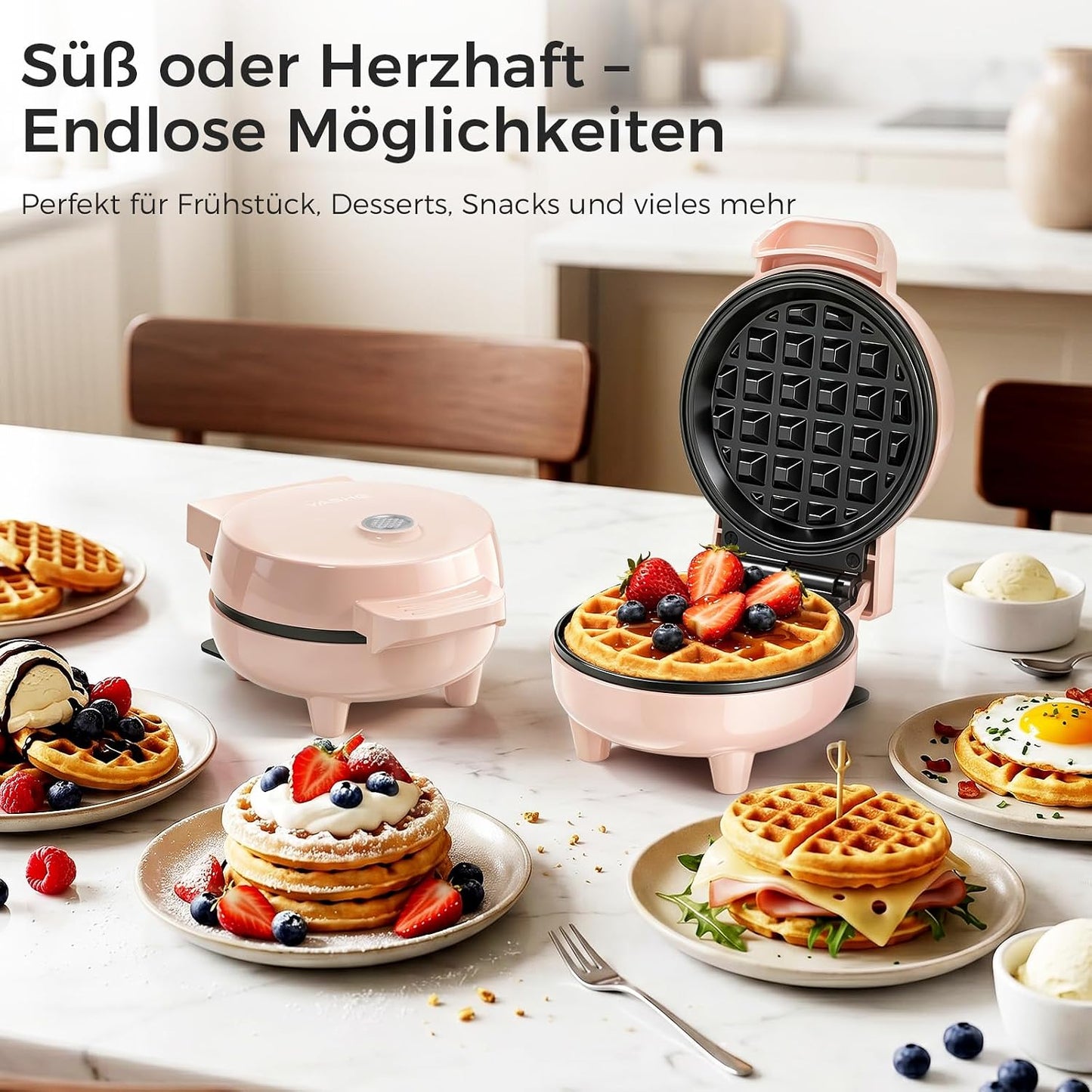 Mini-Waffeleisen mit Antihaftbeschichtung, Rosa