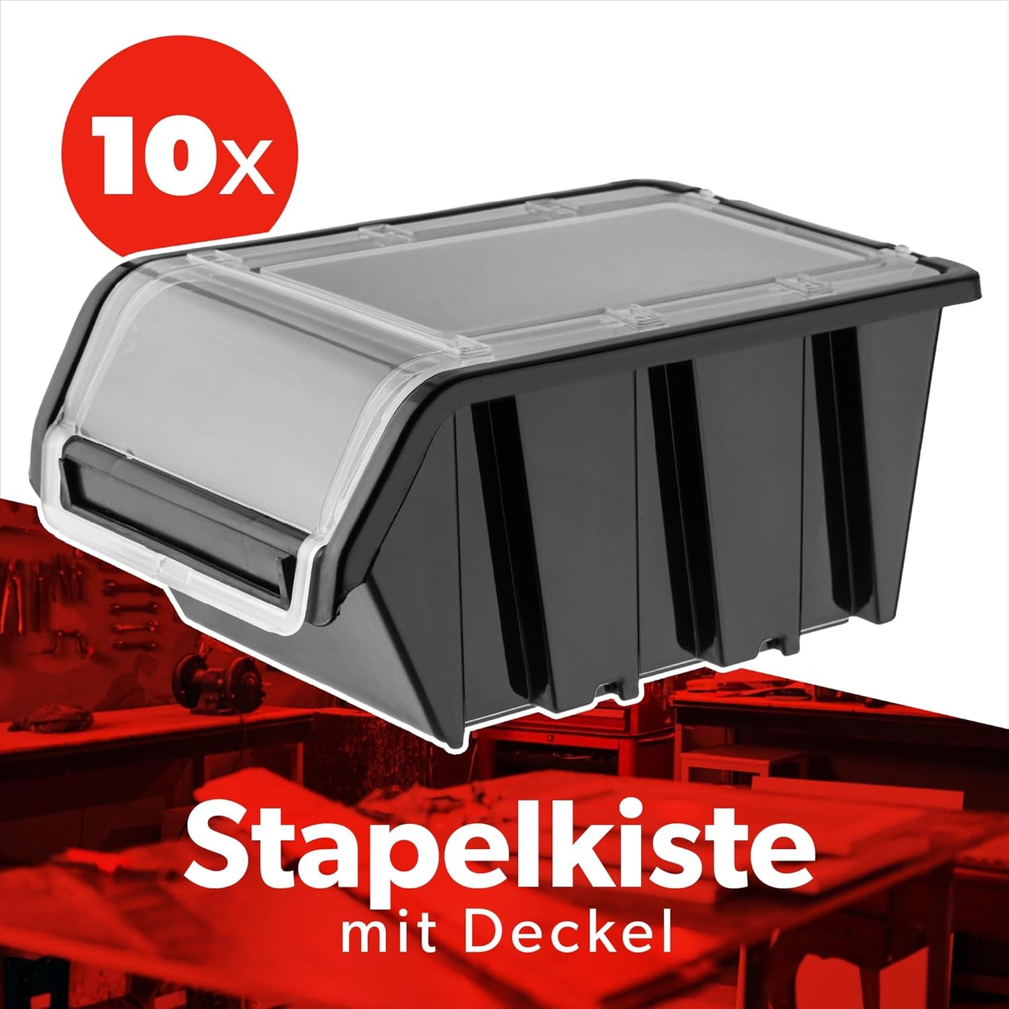 Stapelkiste mit Deckel, 10 Stück - 195x120mm Schwarz