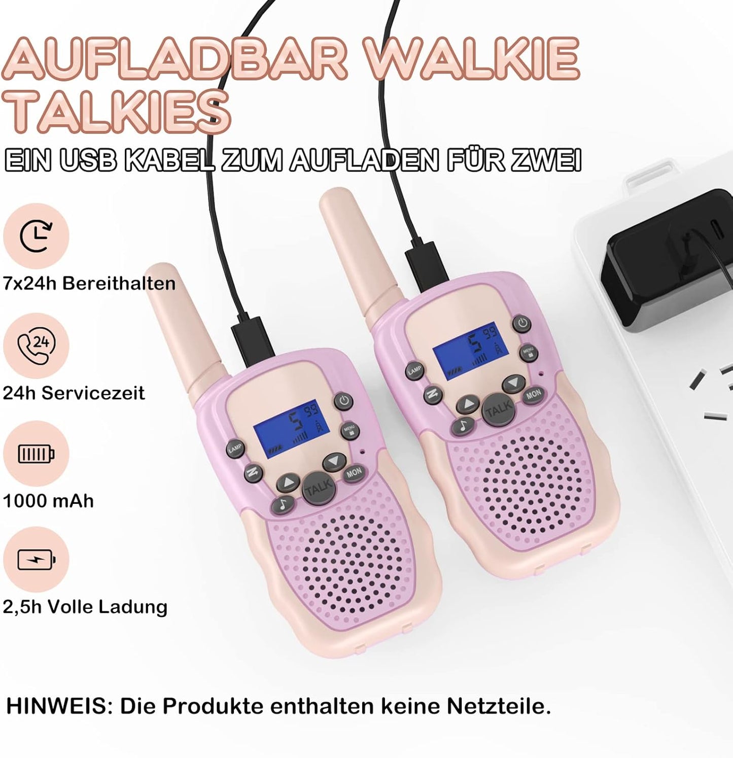 Kinder Walkie Talkies mit VOX & Tastensperre, Rosa