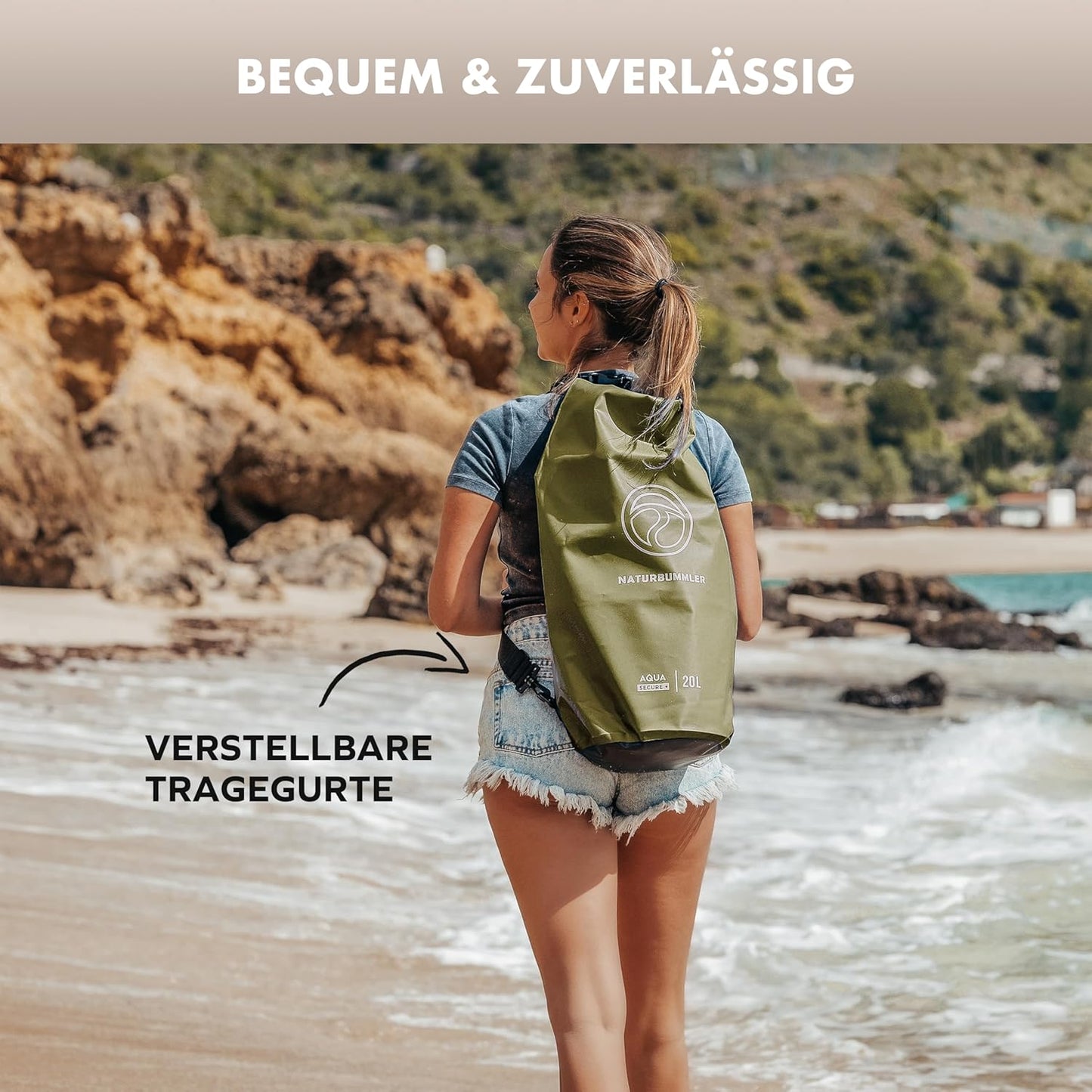 Wasserdichte Dry Bag mit Rucksackfunktion, 20 Liter Naturgrün