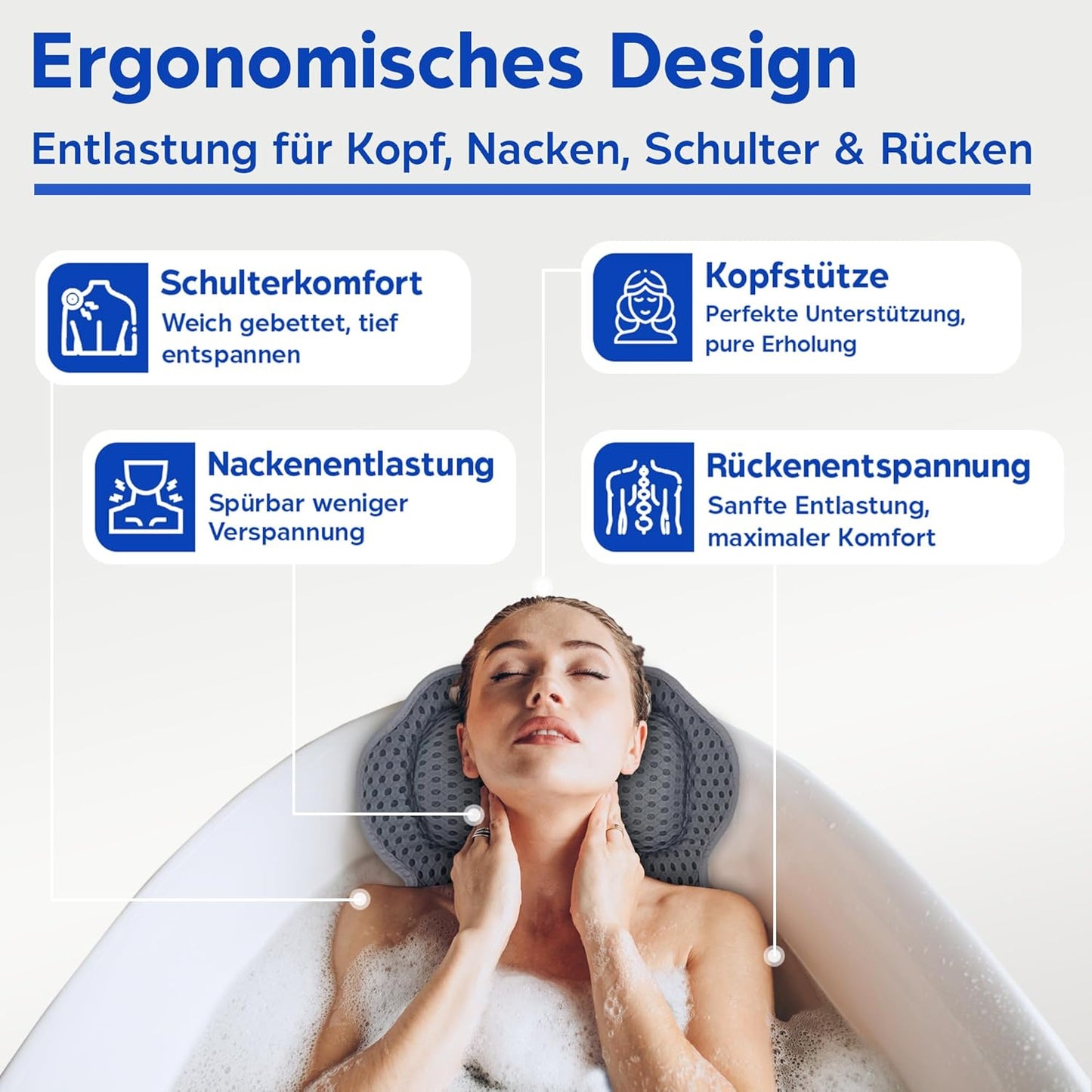 Ergonomisches Badewannenkissen mit Saugnäpfen, Grau L extra breit