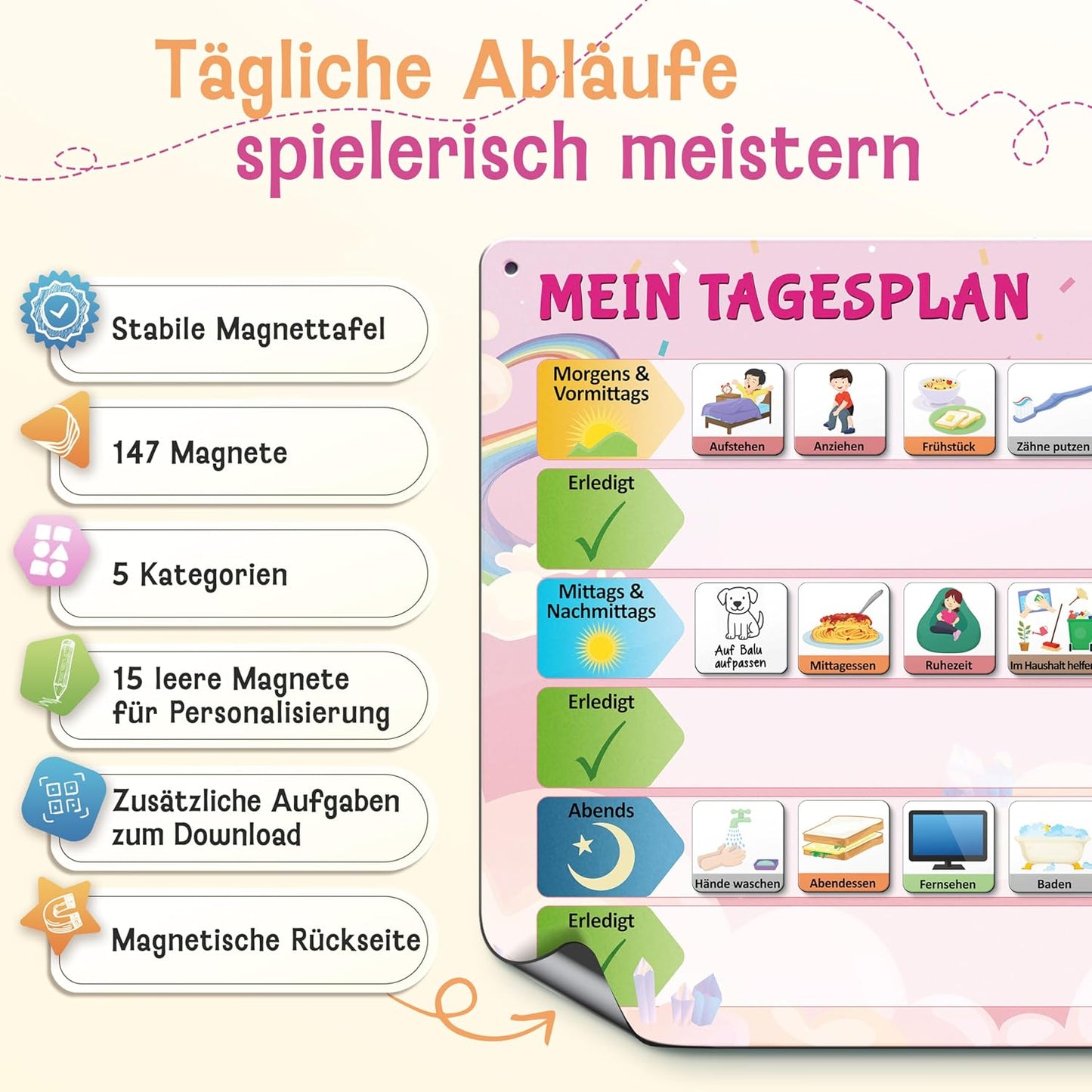 Magnetischer Aufgabenplaner für Kinder, Pink / Tagesplan