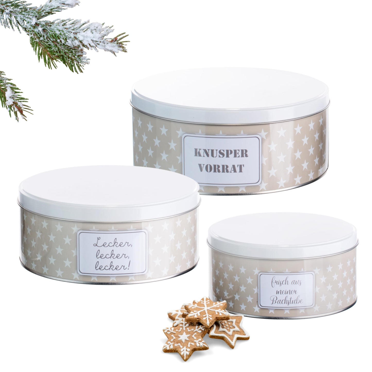 3er-Set Stapelbare Plätzchendosen, Sterne Grau/Beige
