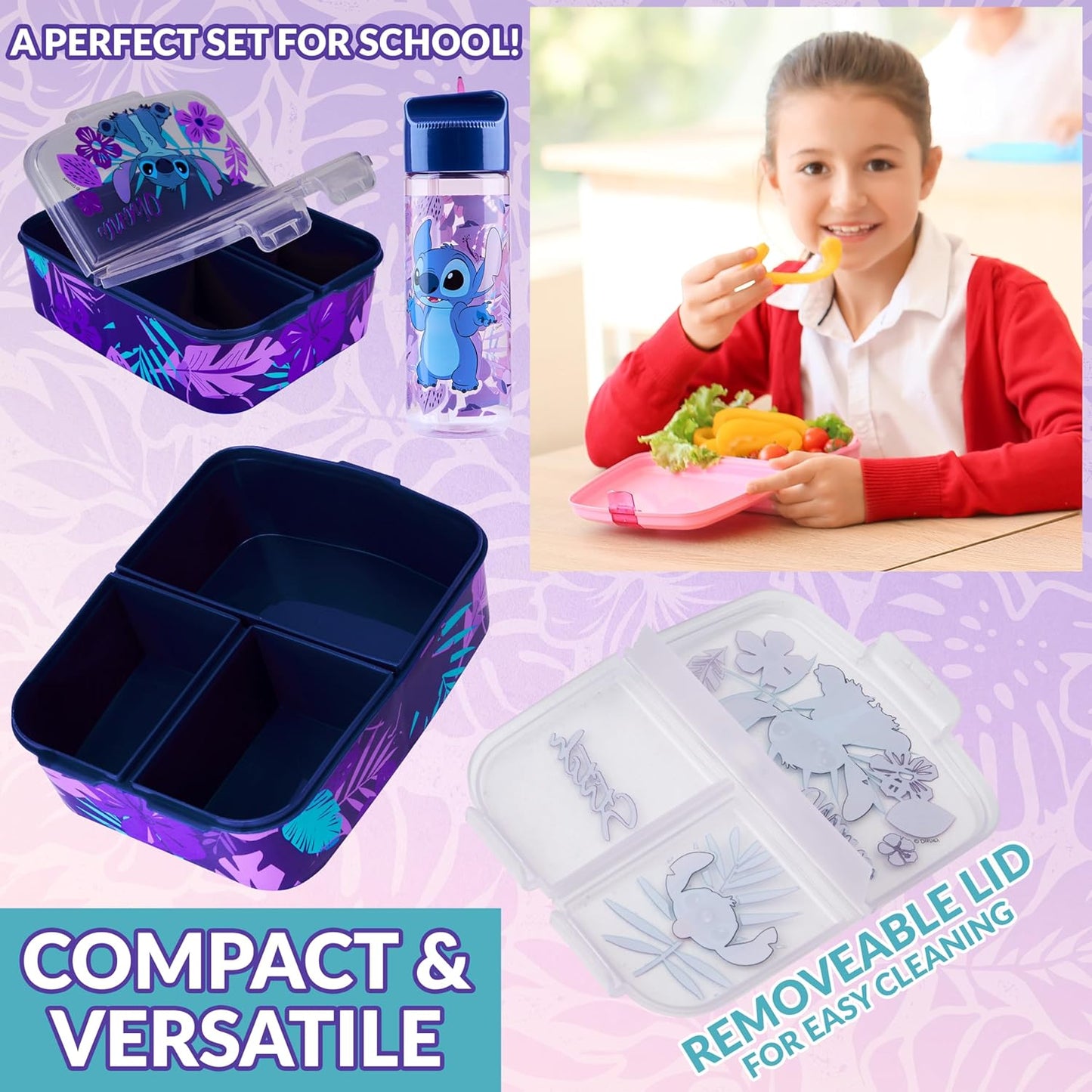 Stitch Kinder Lunchbox mit Fächern und Wasserflasche, Blau/Lila