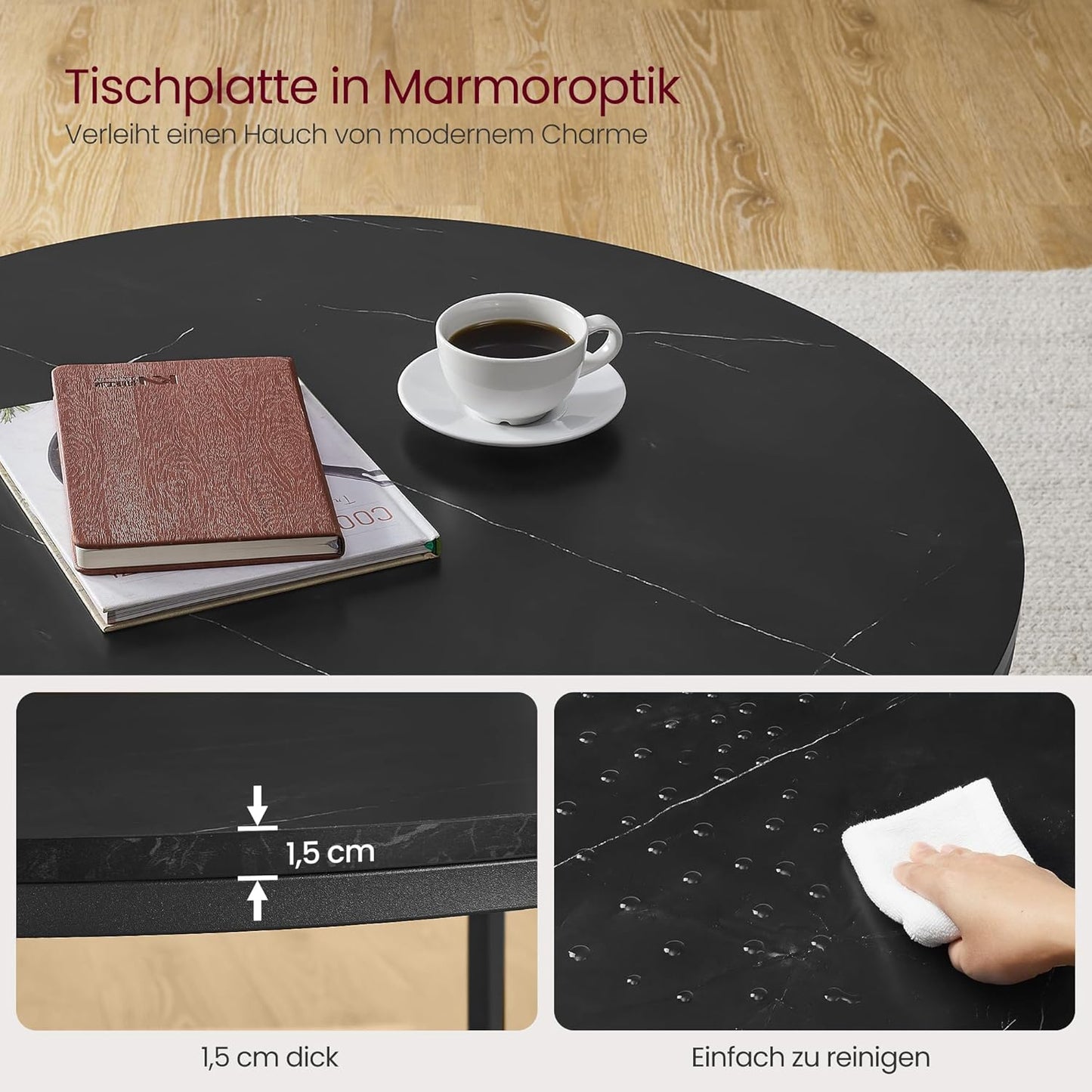 Moderner Couchtisch mit Glasplatte und Stauraum, LCT071B58, 80d cm Marmorschwarz + Tintenschwarz