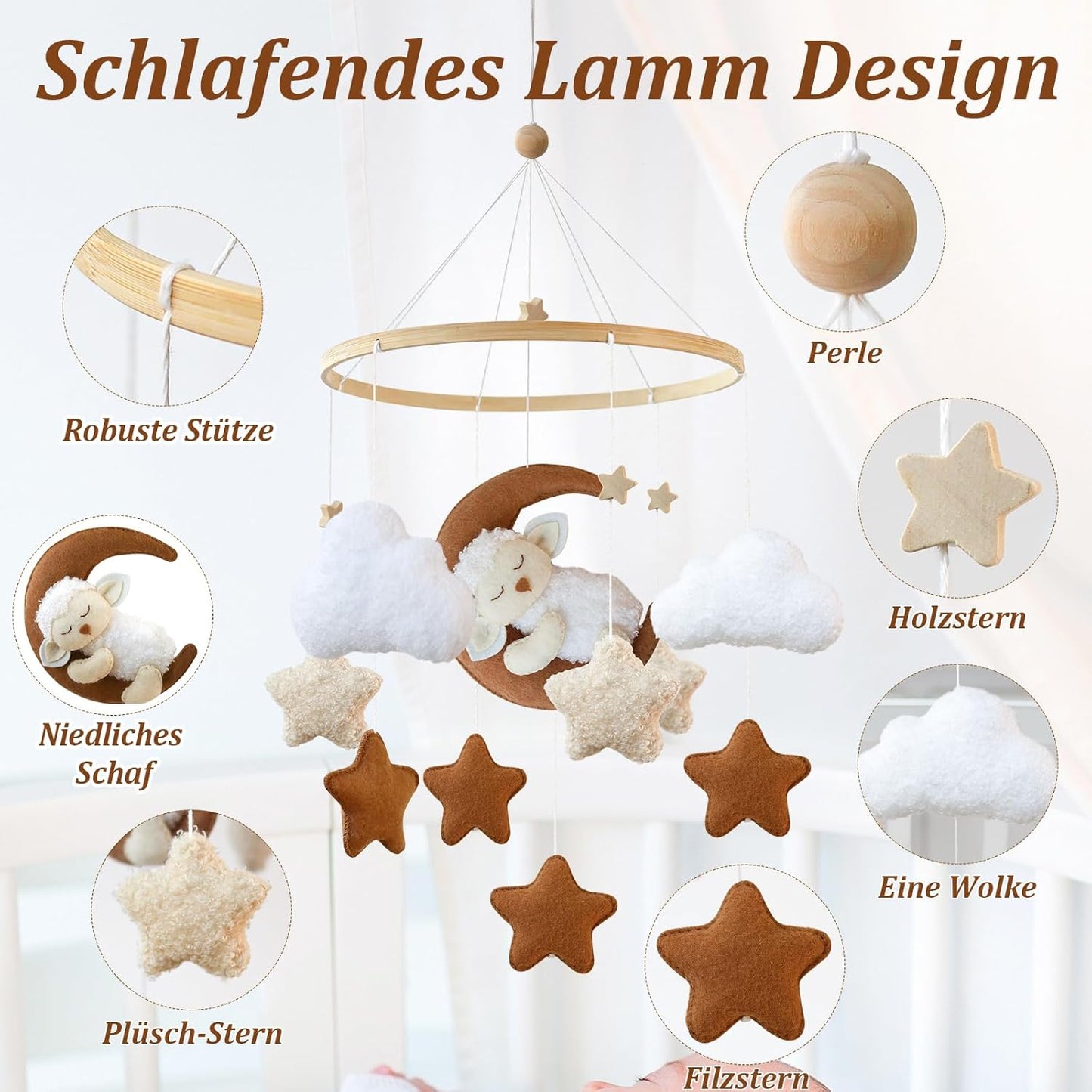 Mobil-Windspiel Schlafen auf dem Mond, Beige