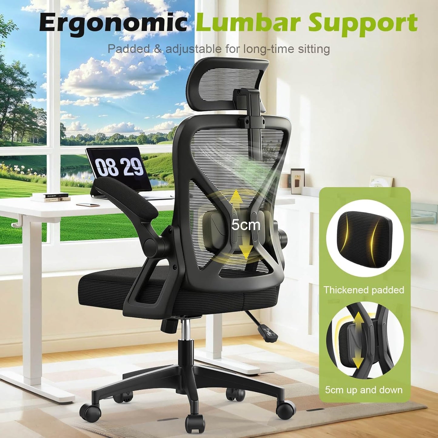 Ergonomischer Schreibtischstuhl mit Lendenstütze, Schwarz