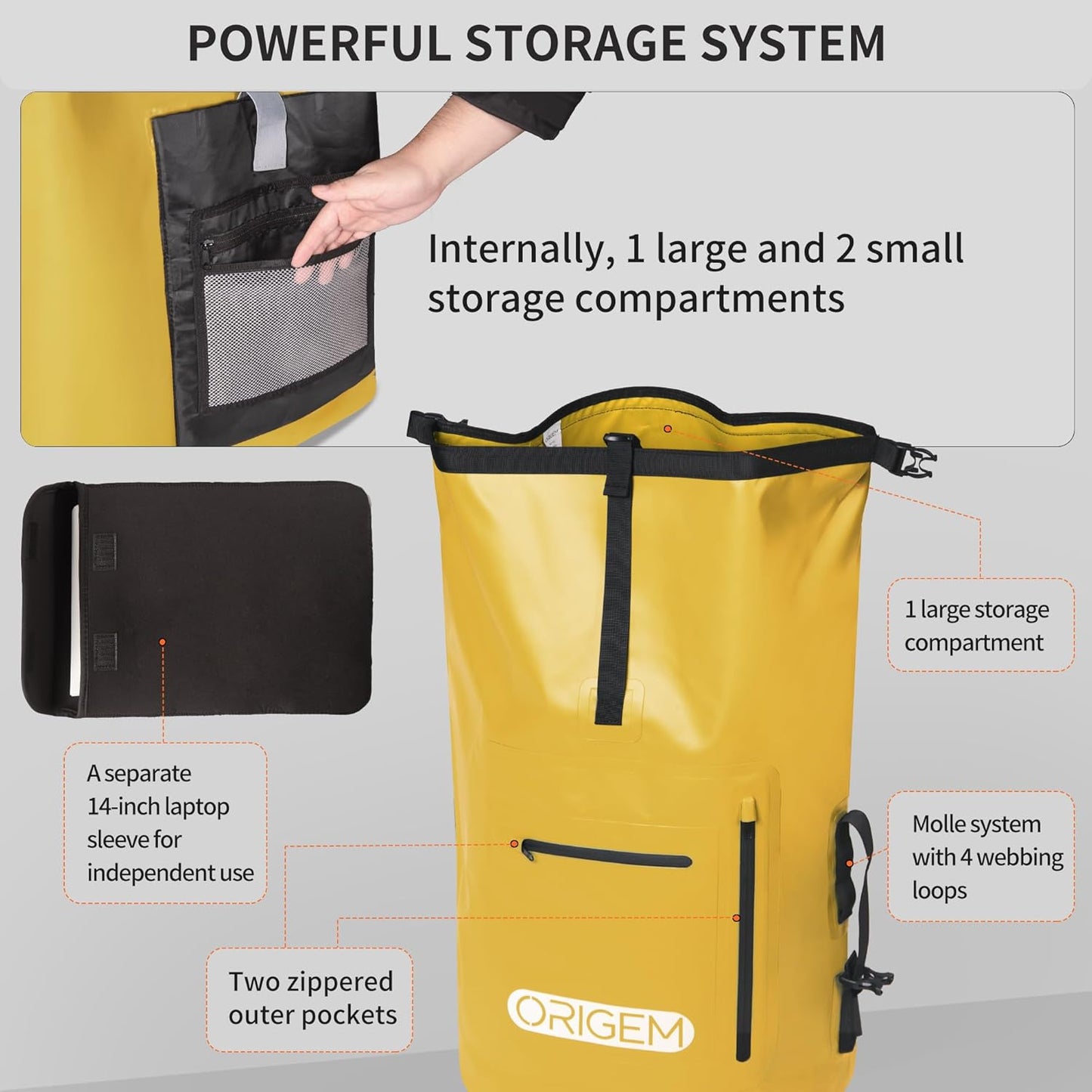 Wasserdichter Rolltop-Rucksack, 55 Liter, Gelb 55L