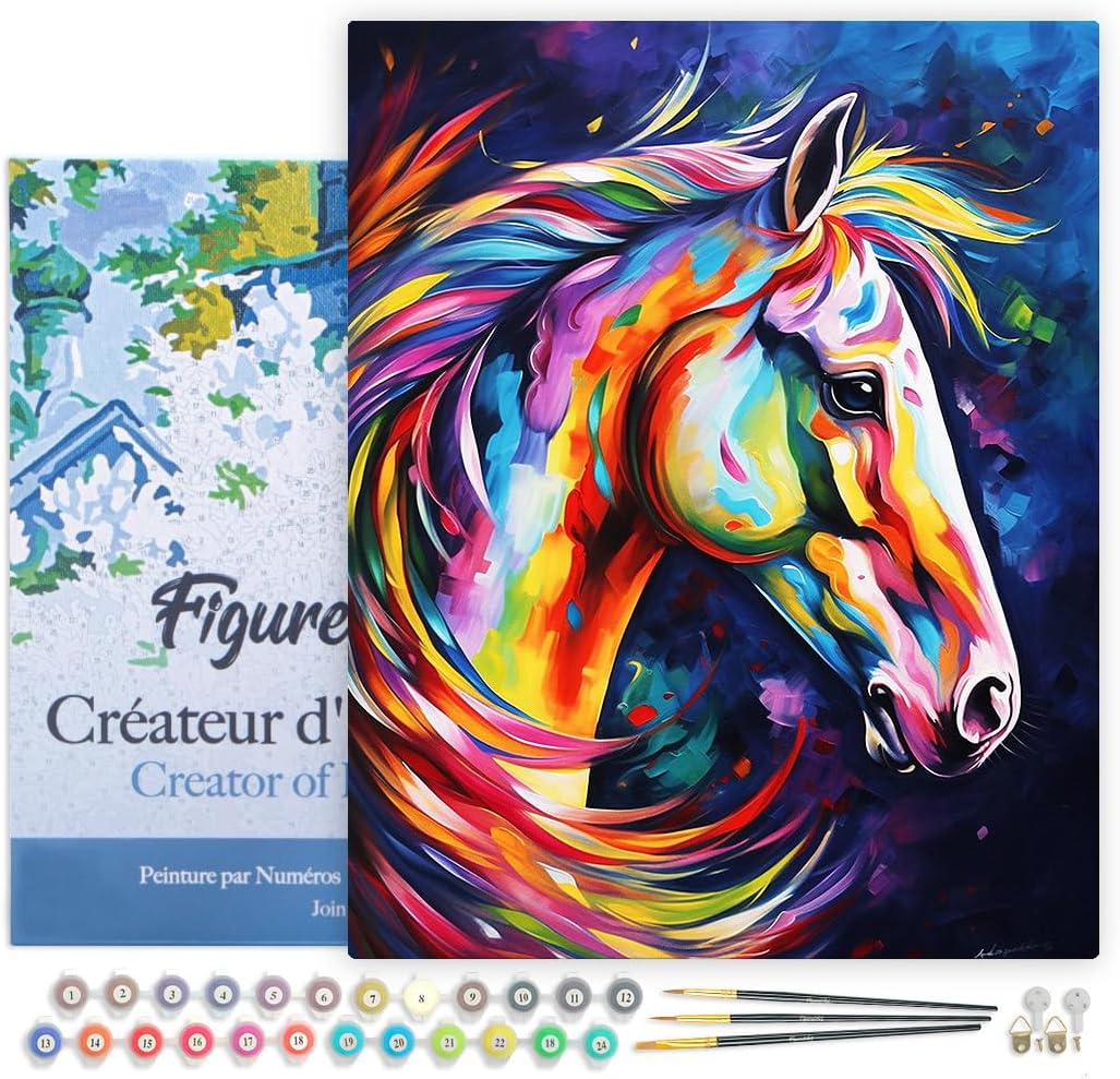 Malen Nach Zahlen Set Pferd, Pferd Farbenfroh Abstrakt 40x50cm Mit Rahmen (bereits gespannt)