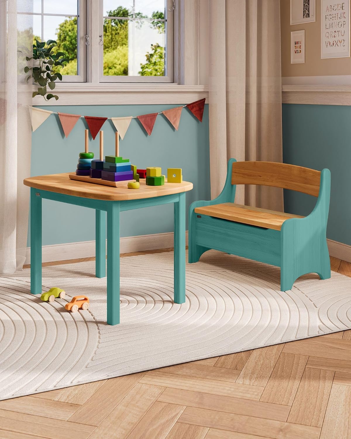 Kindersitzbank Levin mit Geheimfach, Ozeanblau & Erle