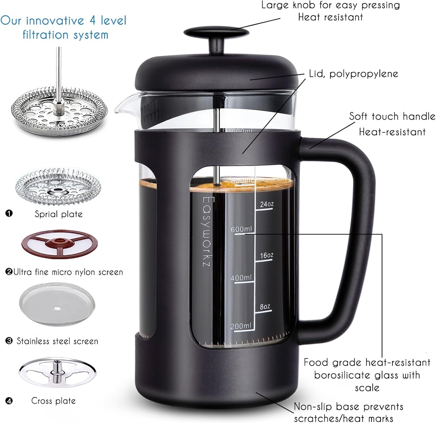 French Press, 1000 ml, Schwarz 1000ml