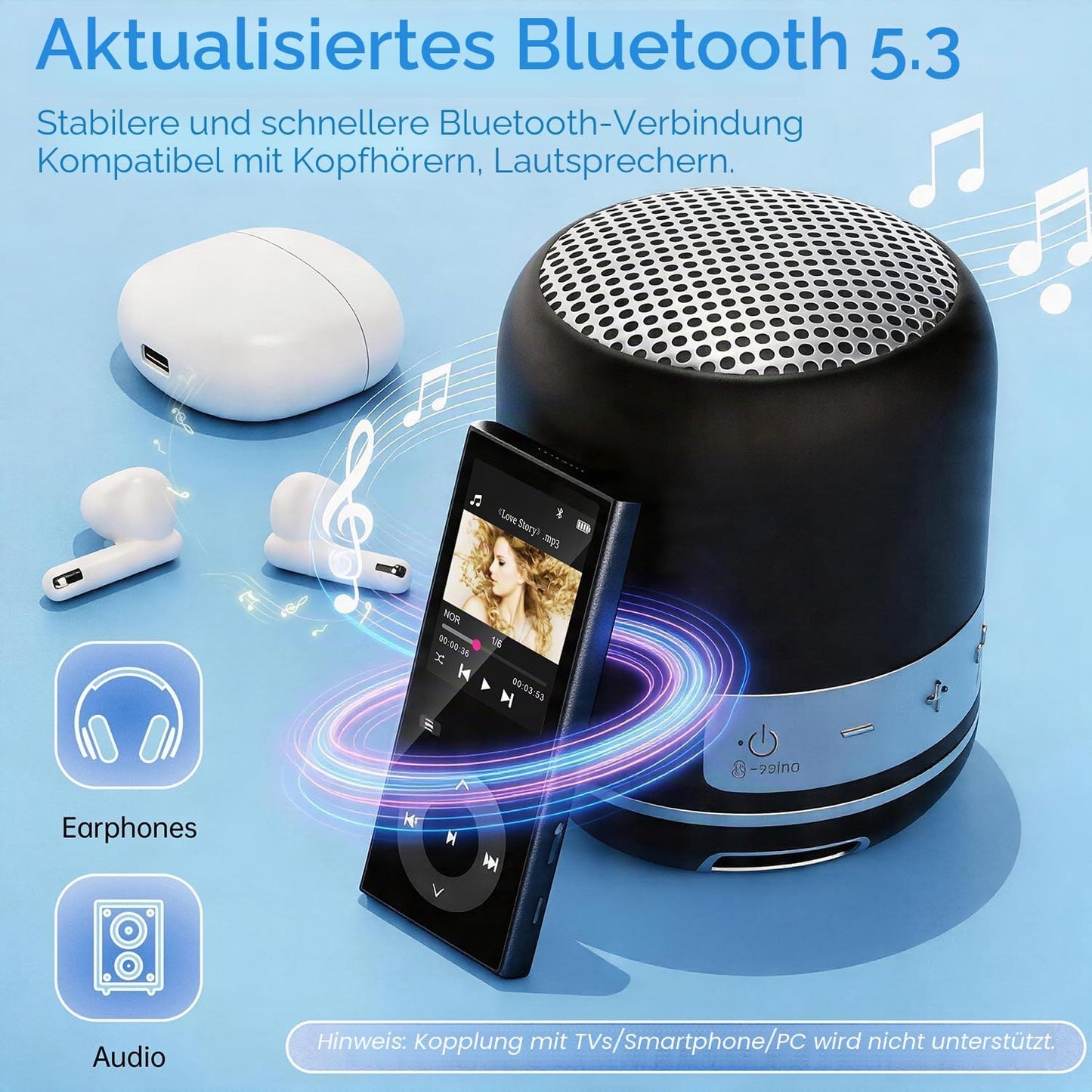 MP3-Player mit Bluetooth 5.3 und Lautsprecher, 90 GB