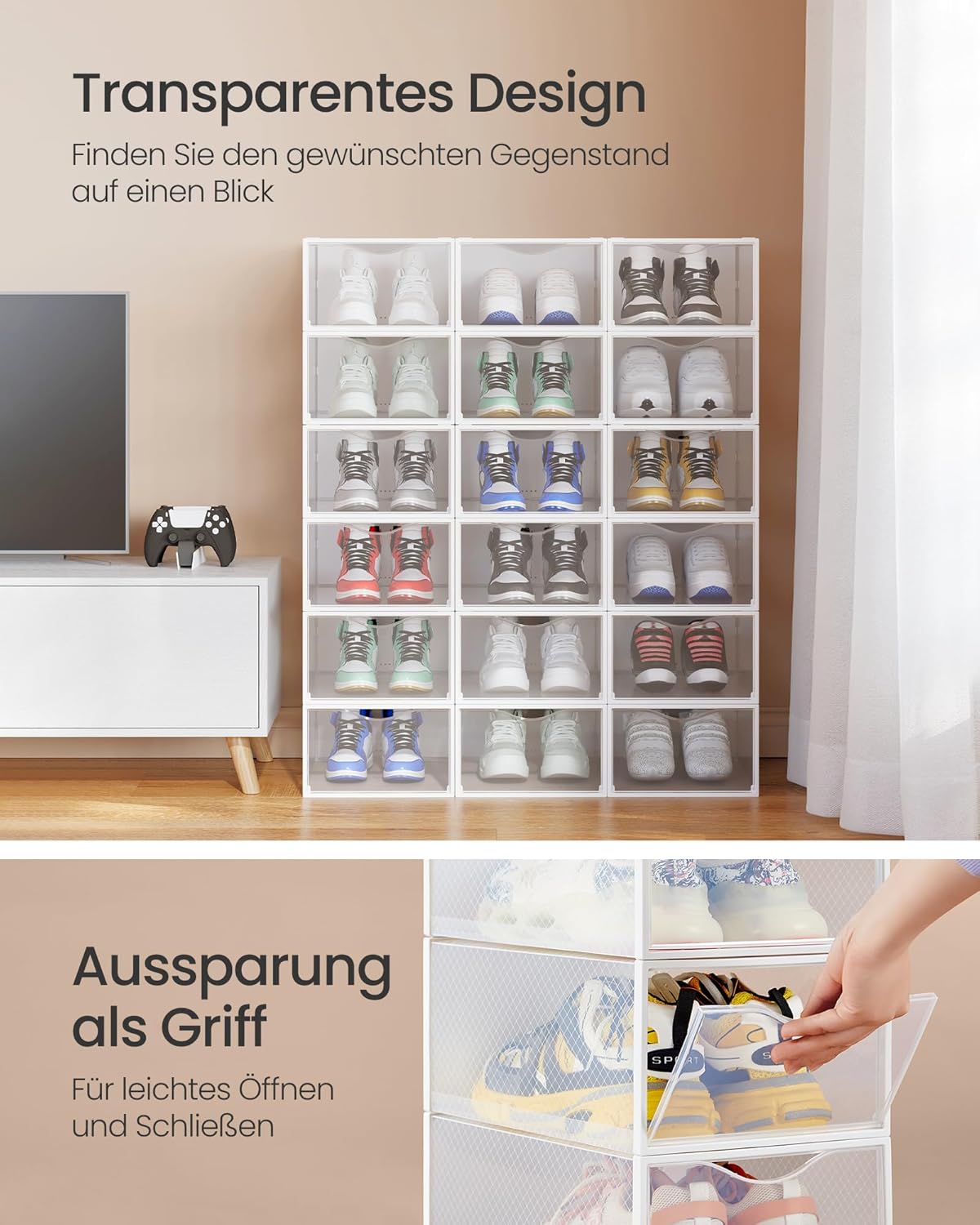 Schuhboxen-Set, stapelbare Schuh-Organizer (18 Stück), Transparent + Wolkenweiss 18