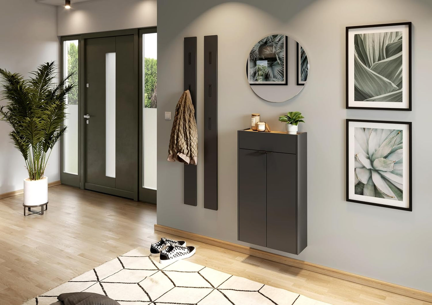 Hängender Schuhschrank, Schuhschrank Schmal Graphit/Eiche