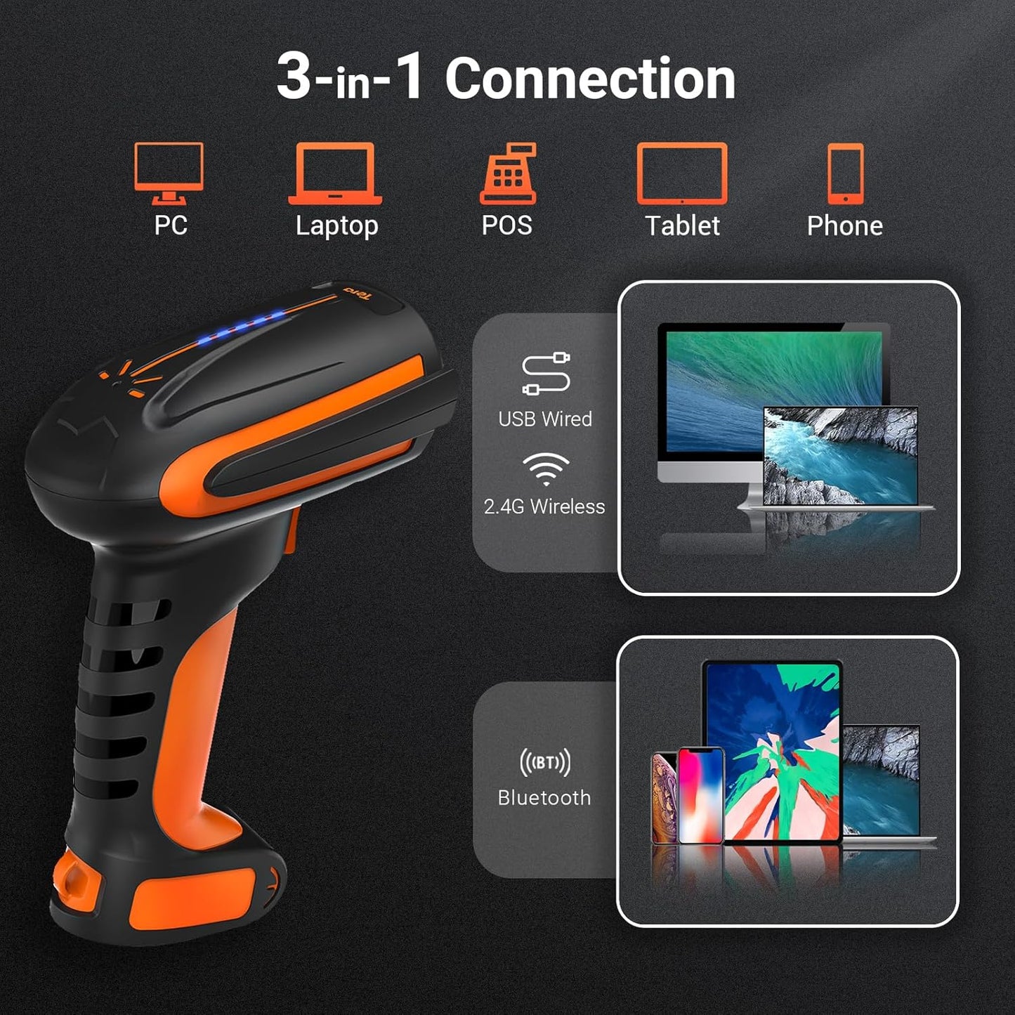 Pro Modell 8100, 1D 2D QR Barcode Scanner kabellos mit Ständer, 2D kabellos mit Halterung Orange